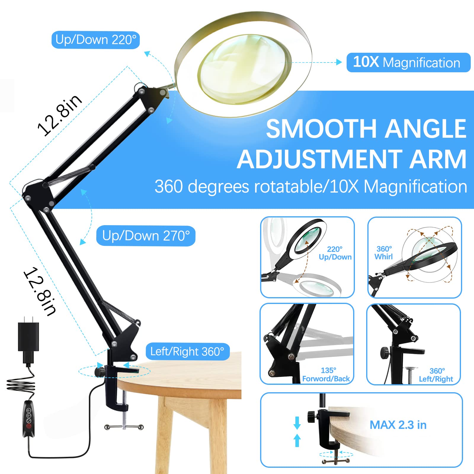 10X Magnifying Glass Lamp, Adjustable Swing Arm 72 Leds Real Glass Lens Magnifier Light,3 Color Modes 10 Stepless Dimmable,Perfe