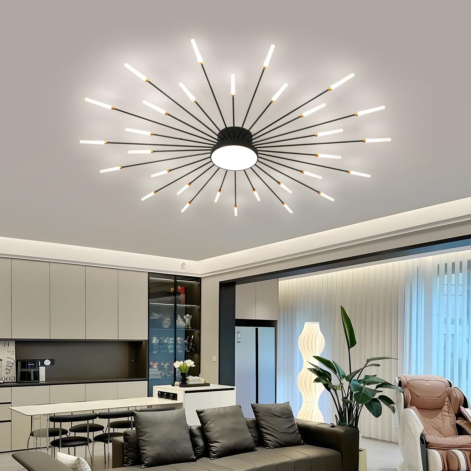 JAYMP Modern Flower Ceiling Light Fixture, 30+1 Lights, Matte Black, Acrylic, Model GB6528, Flush Mount for Living Room/Dining Room