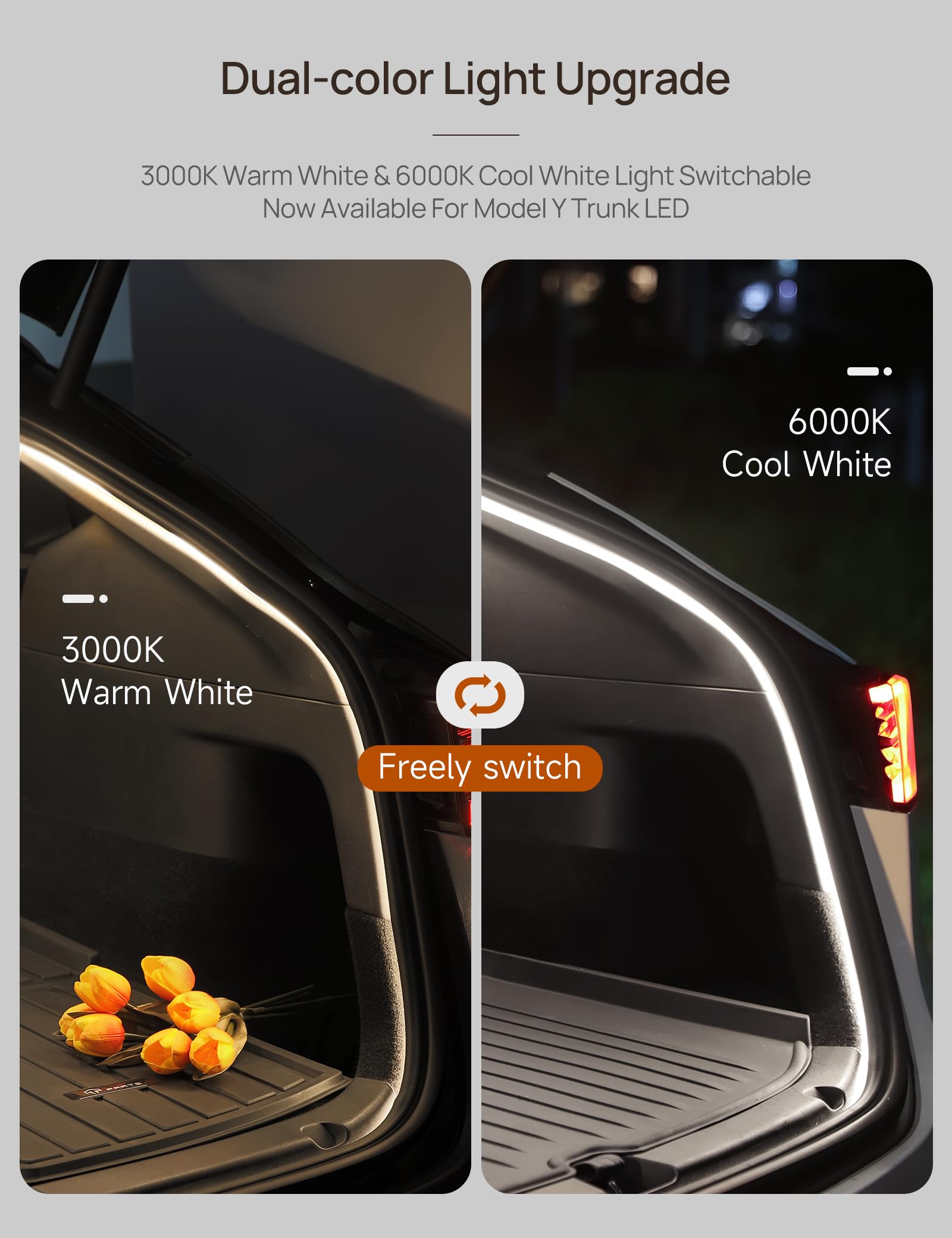TPARTS Trunk LED Light Strip for Tesla Model Y, Silicone, Dual-Color Switchable, Warm & Cool White, Model TP331-1, Size MY 20-25+