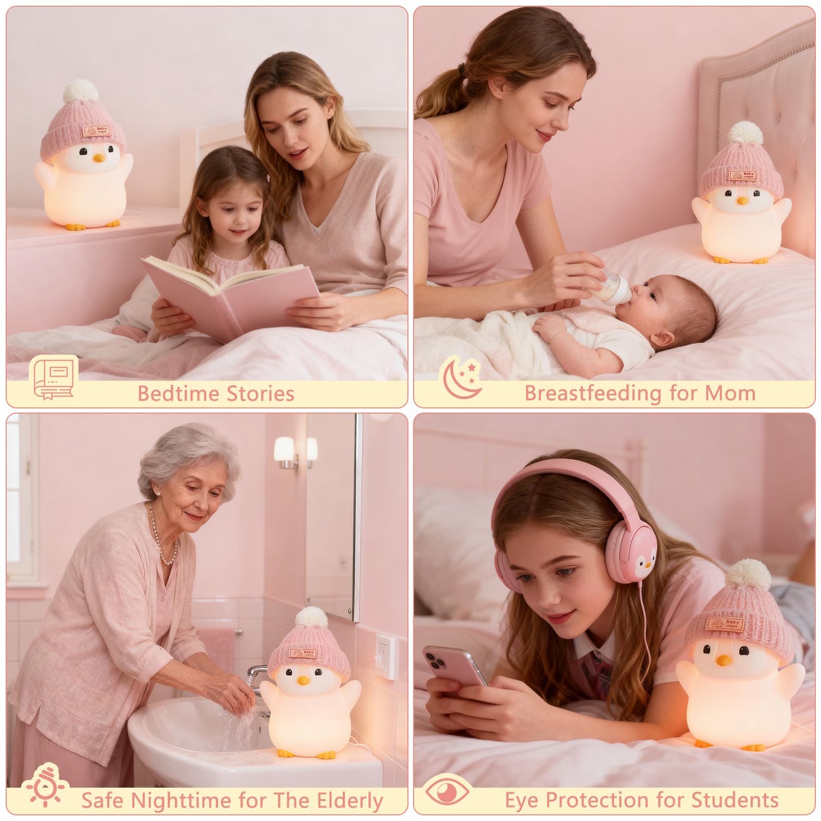 Famiduo Penguin Night Light  Cute Pink Penguin Lamp With Knit Hat  Soft Silicone Nursery Nightlight For Baby  Rechargeable/Dimmable/Timer Led Squishy Novelty Animal Bedside Lamp Funny Gifts For Kids