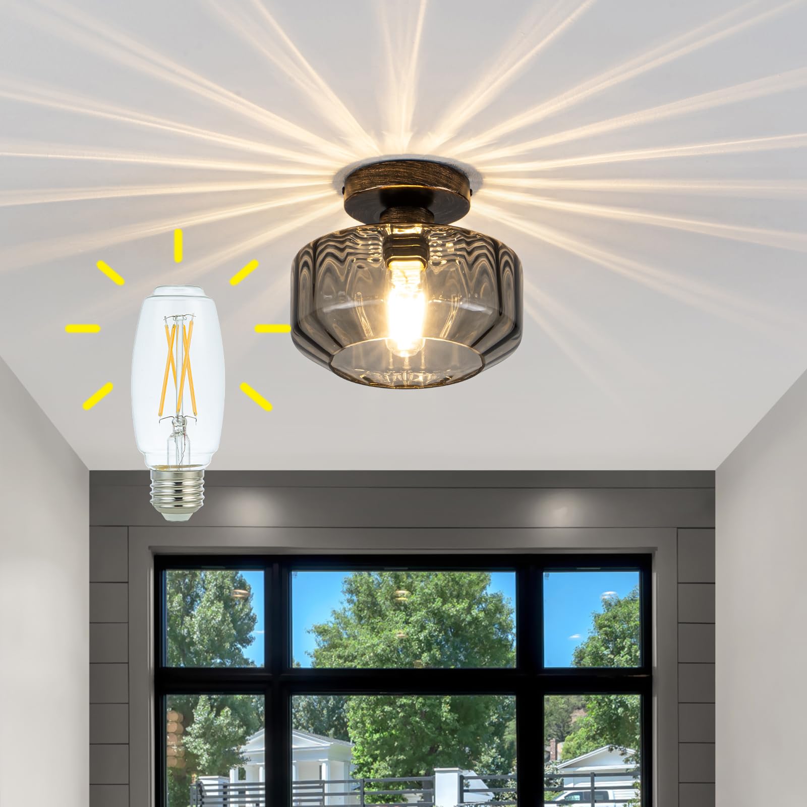 Tbaoinla Smoked Glass Flush Mount Ceiling Light With 1200Lm Led - Black Champagne Gold 8.66 Damp Rated Fixture For Bathroom Kitchen Hallway Modern Lighting