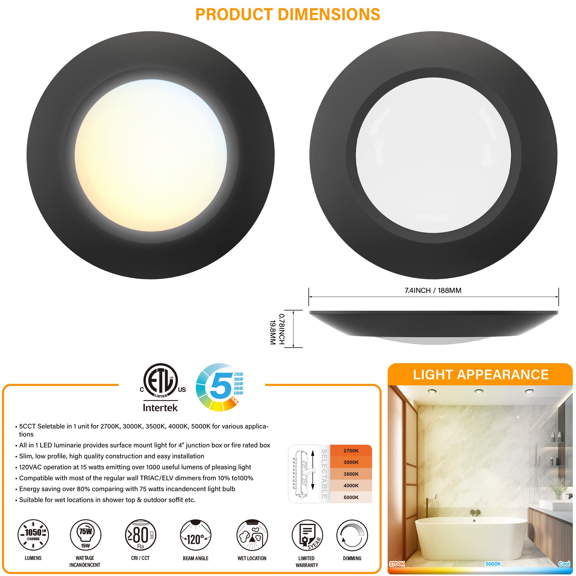 Jullison 20 Packs 6 Inch Black 5Cct Field Selectable Led Low Profile Recessed & Surface Mount Disk Light, Round, 15W, 920 Lumens