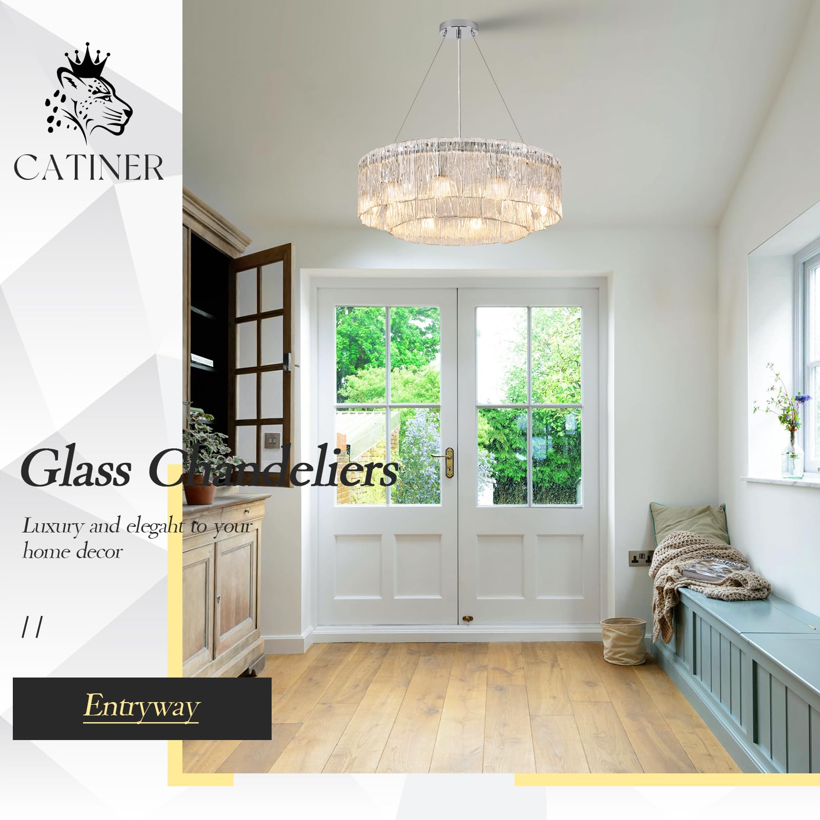 Modern 24  Chrome Chandeliers 10-Light Crystal Glass Round Chandelier stylish Drum Ceiling Pendant Light Fixtures 2 Tiers Hanging Lighting For Dining Room Foyer Living Room Bedroom