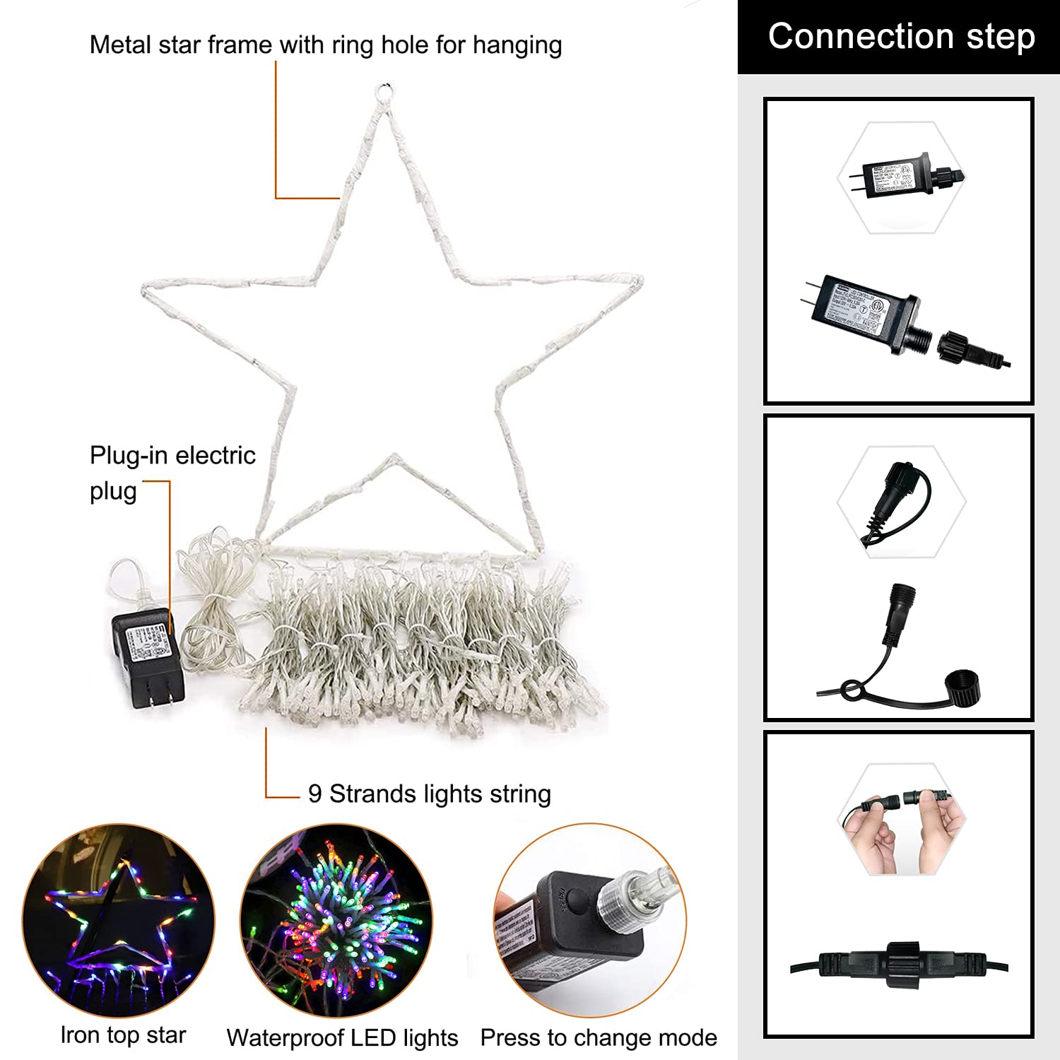 Puhong Christmas Decorations Star Lights, 320 Led Christmas Tree Lights Outdoor,16.4Ft String Lights 8 Memory Modes With 14" Lighted Star For Xmas New Year (Iron-Multicolor)