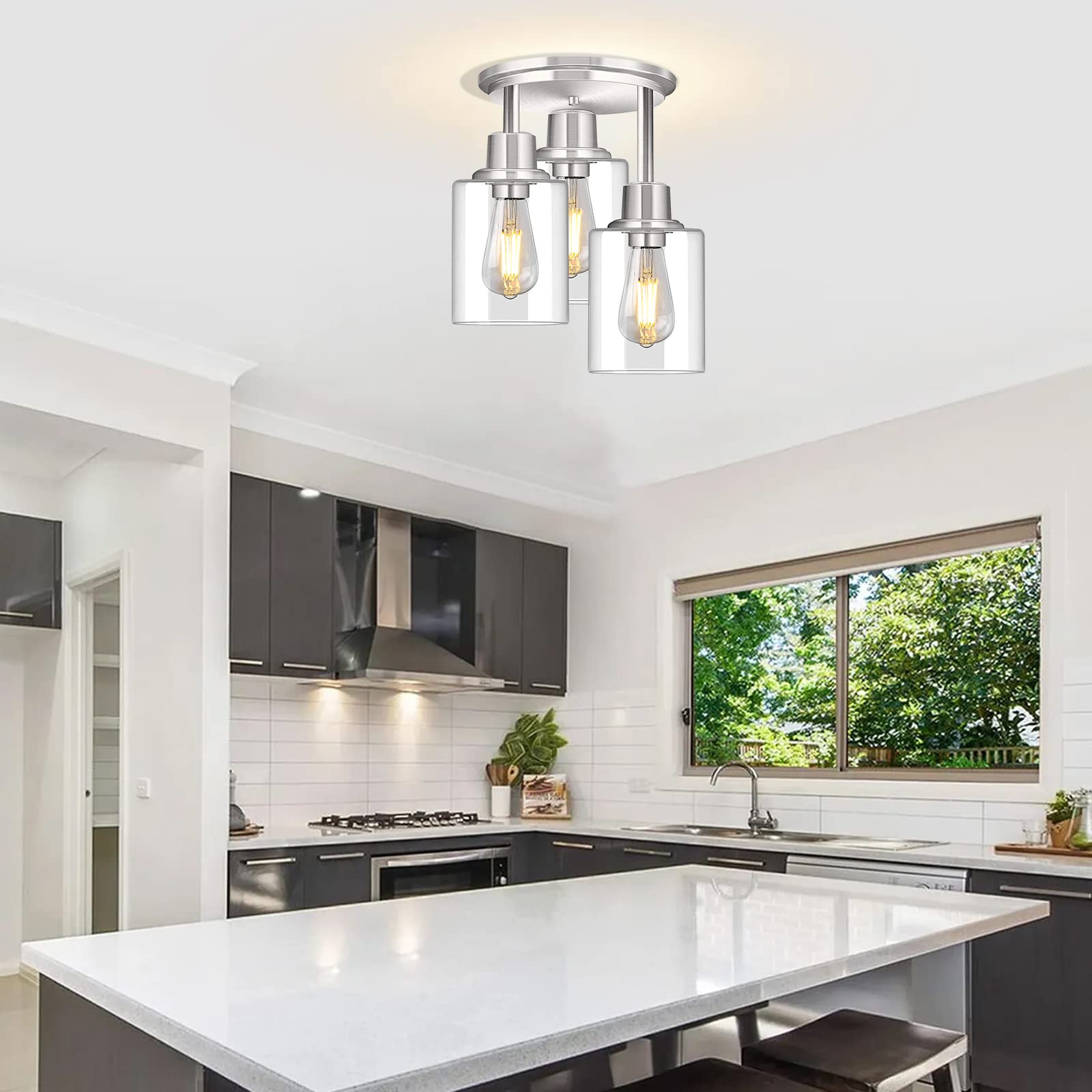 ROTTOGOON Semi Flush Mount Ceiling Light, Brushed Nickel, 3-Light Fixture with Clear Glass Shades, Modern Design for Kitchen and Hallway