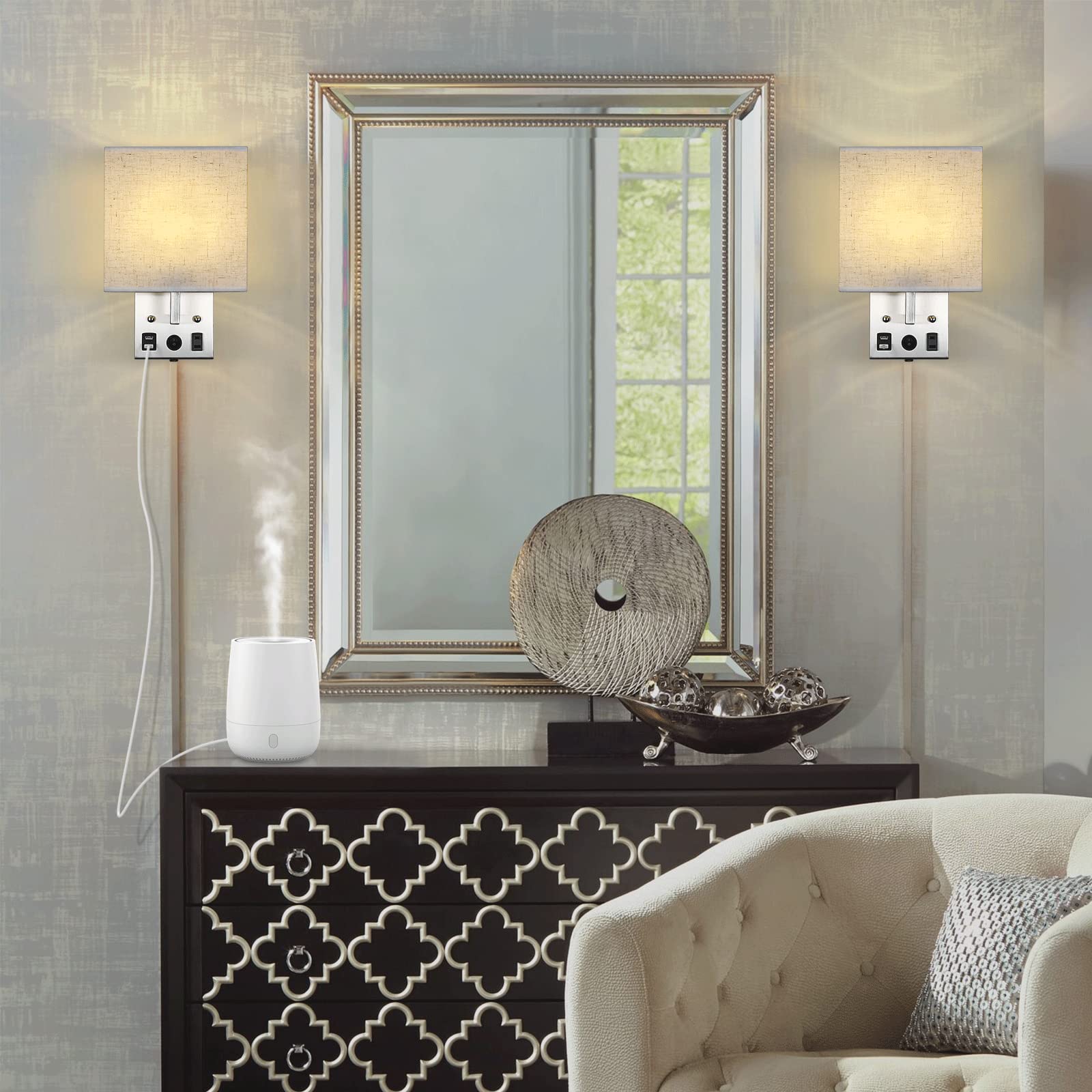 Caduke Wall Lamp Set Of 2, Plug-In With Usb Ports, Brushed Nickel, E26 Led Bulb Included, Modern Sconces For Bedroom & Living Room