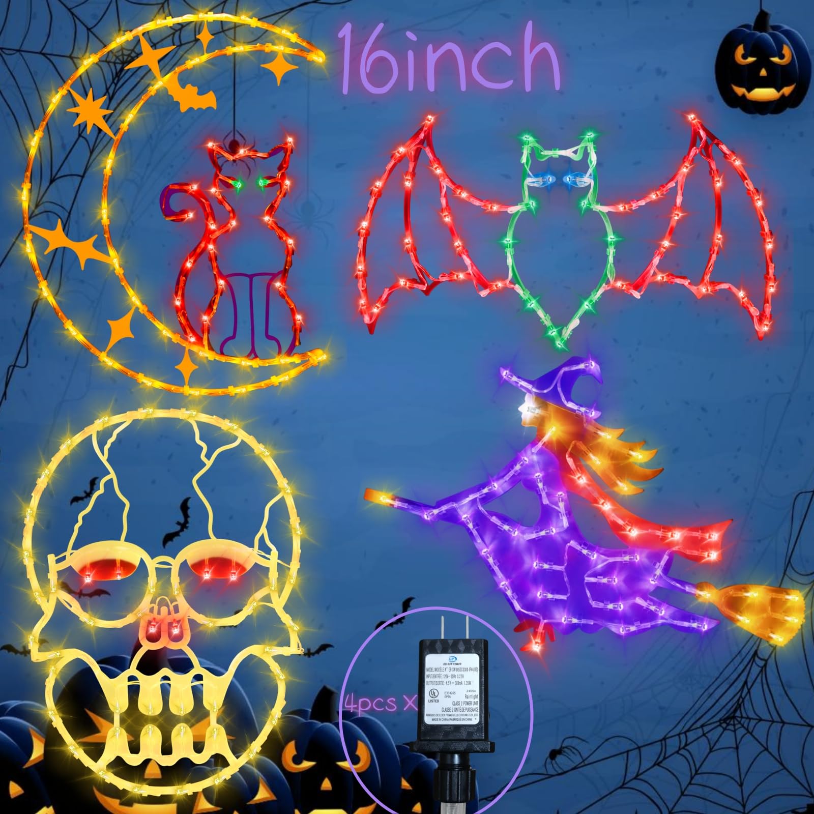TRWYMZ Halloween Window Lights - 16" Halloween Window Silhouette Lights - 4 Pack Colour Lighted Witch & Bat & Skull Head & Cat on Moon for Holiday Indoor and Outdoor Wall Door Window Decorate