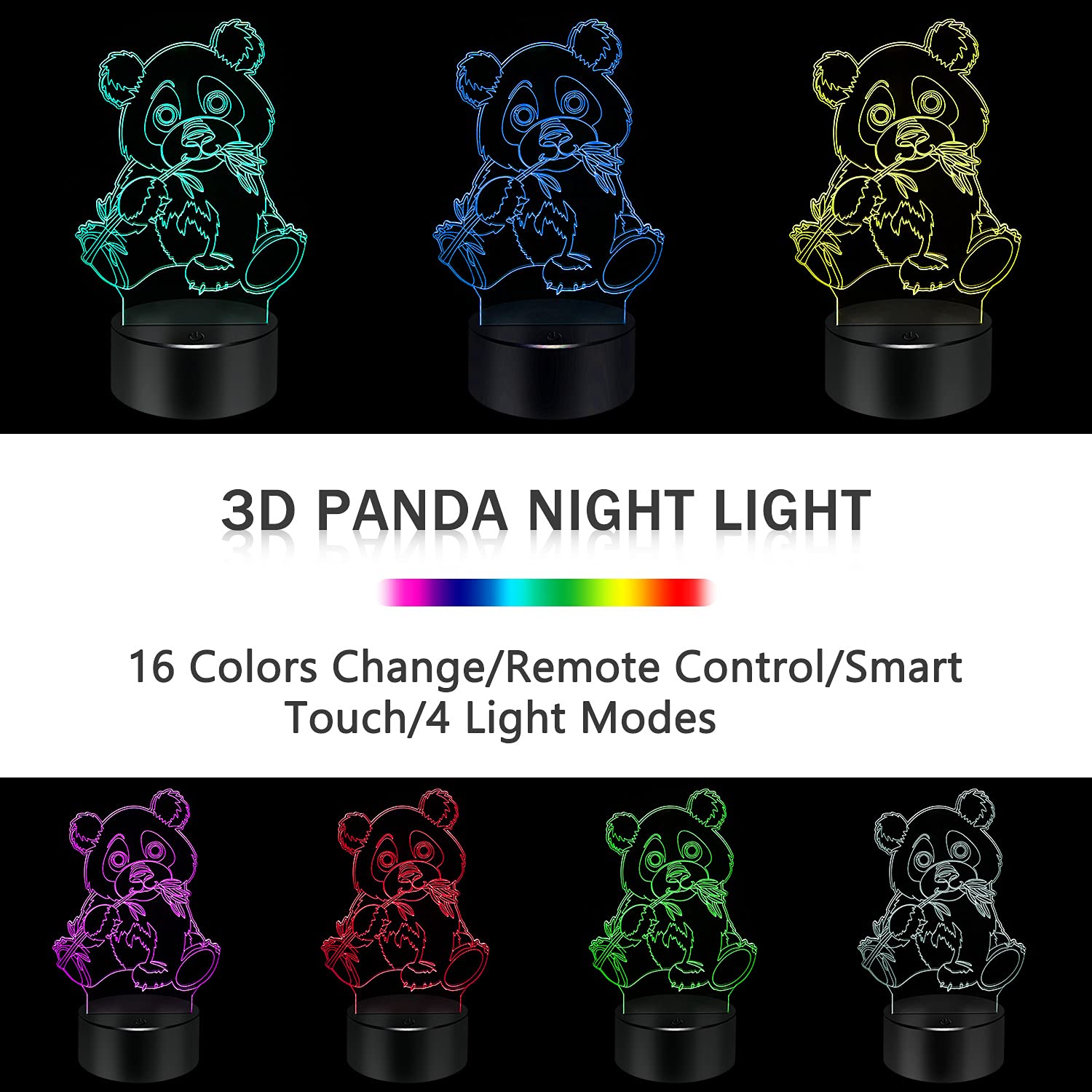 BASSI Panda Lamp - 16 Color Changing Night Light with Remote Control, Kids Gift, Model Lamp-2021-003, Acrylic, Panda Design