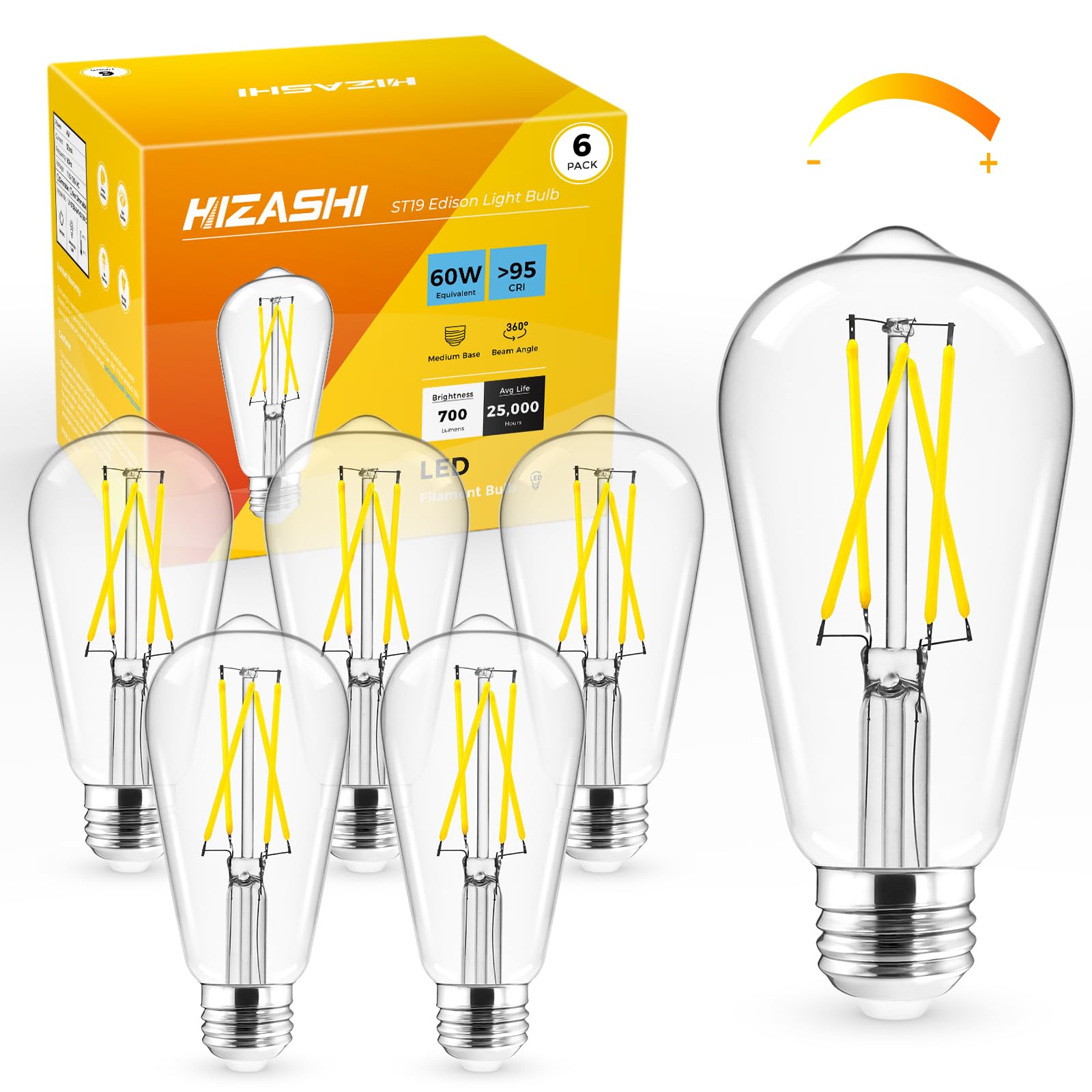 Hizashi LED Edison Bulbs, 6W (60W Equivalent), Dimmable, Daylight 5000K, Clear Glass, 6 Pack, Model LY-ST58-6W