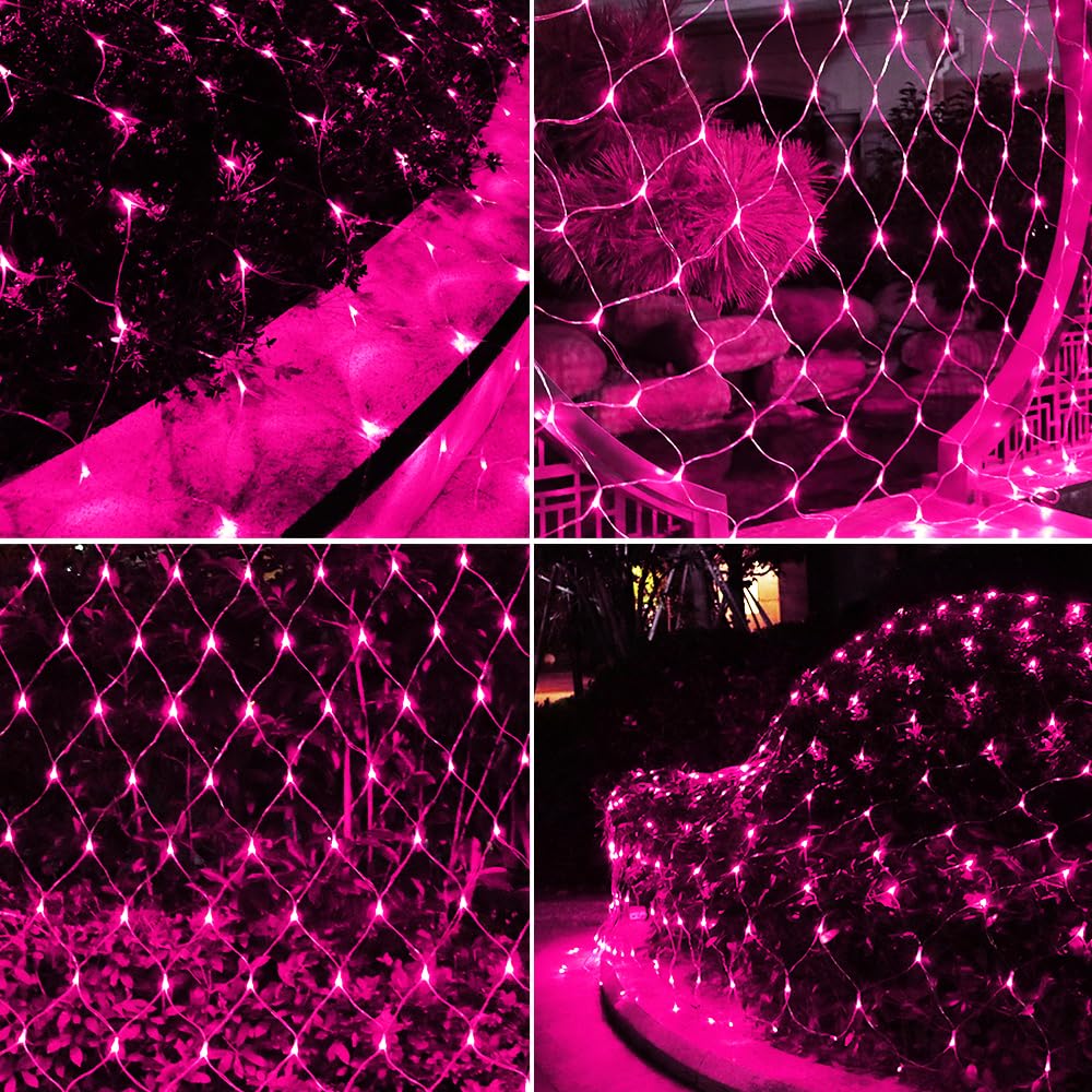 Vicila Net Light Outdoor Mesh Christmas Decorations  100Led String Light Plug In Connectable Tree Warp Hanging 5Ft X 5Ft For Halloween  Shrubs  Lawn  Backyard  Walkway  Bushes  Garden Decor-Pink