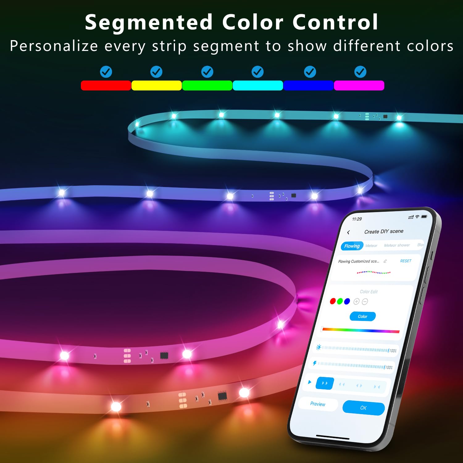 DAYBETTER Smart LED Strip Lights 100FT, BGRIC Color Changing, App Control, Music Sync for Home Decor, Model TC80113120HV219