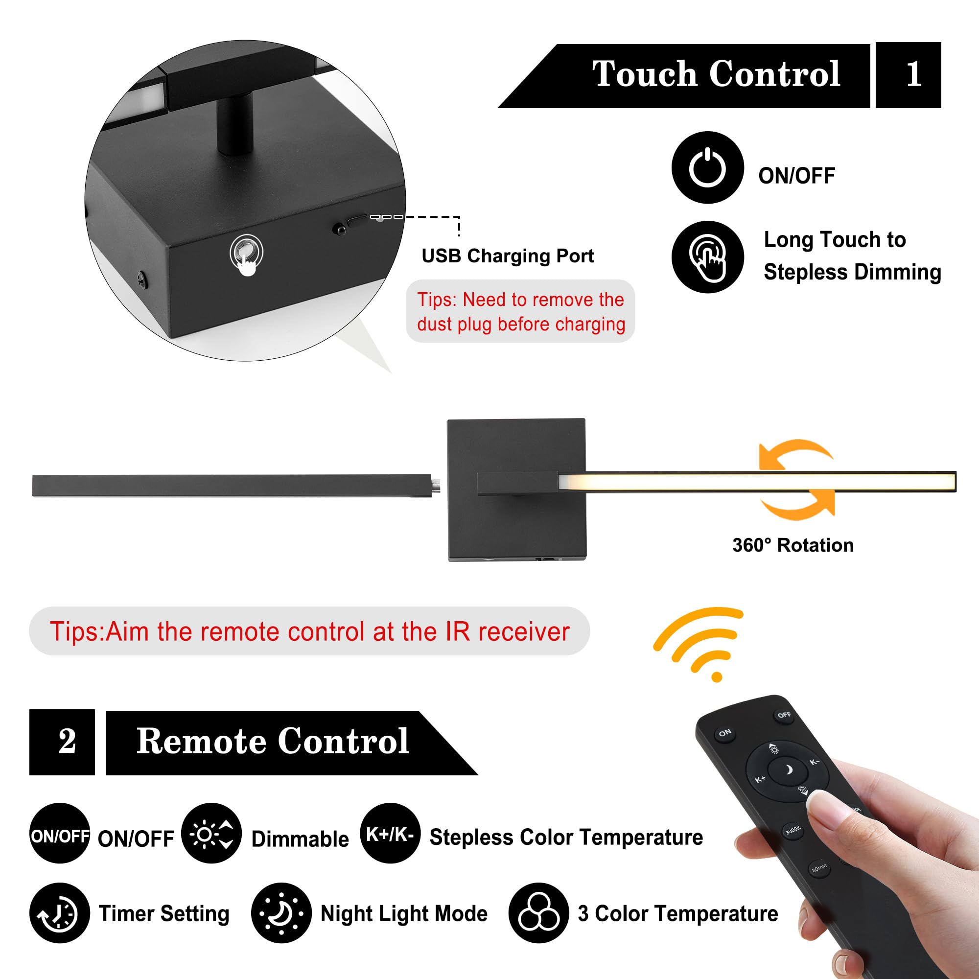 KARTOOSH Wireless Wall Sconce Lamp, Rotatable, Remote Control, Adjustable Light, 28.3" Black, Battery Operated, Model ZM320BBL70-1A-N