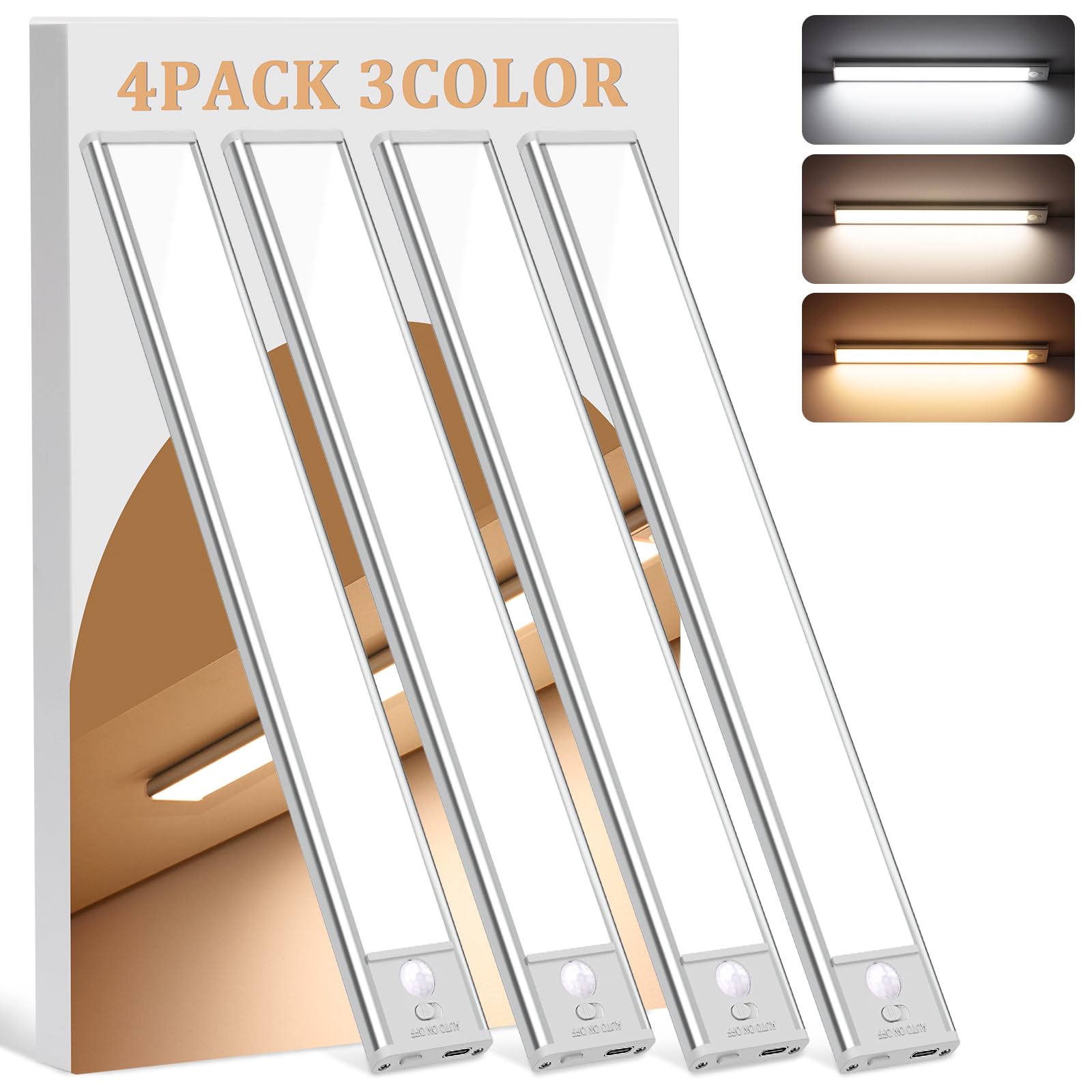 LNRYY Under Cabinet Lighting Wireless 4-Pack Motion Sensor Dimmable 12in LED Lights White/Warm/Natural