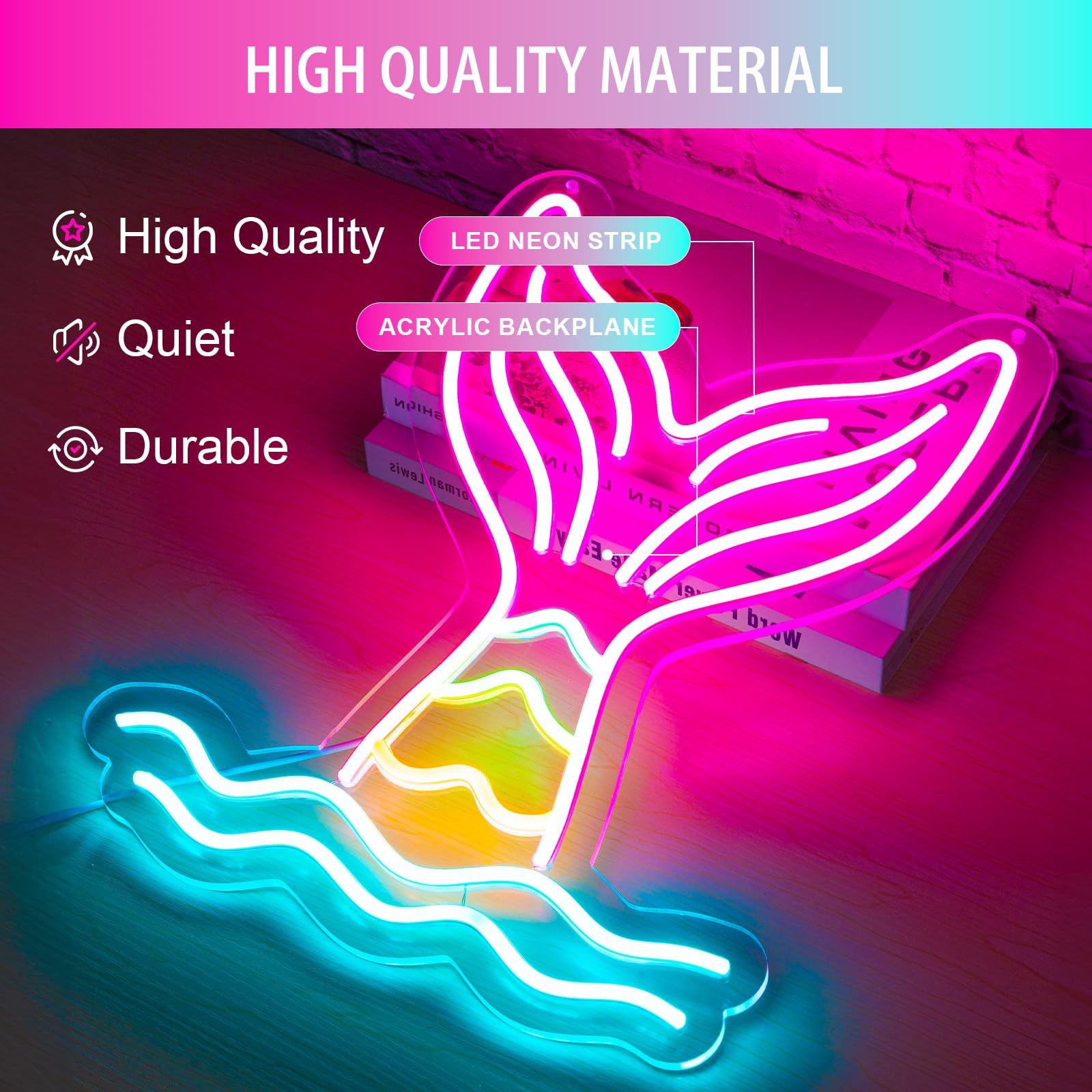 Basaneon Mermaid Tail Neon Sign, Dimmable LED Wall Decor, USB Powered, 15.7x12.6 inches, C-Mermaid Tail, Model ZF-Mermaid Tail