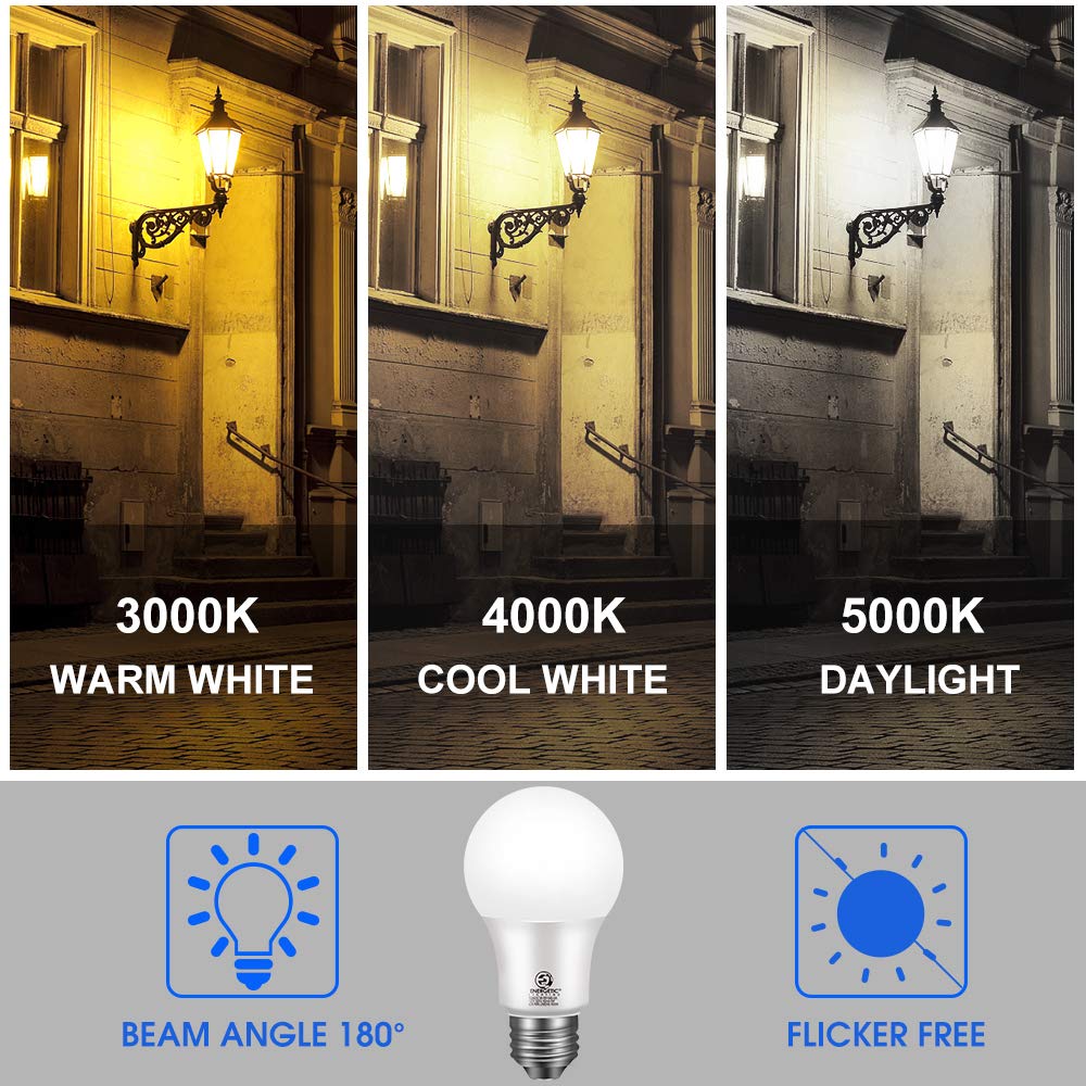 E ENERGETIC LIGHTING Dusk to Dawn LED Light Bulb, 60W Equivalent, 4-Pack, Warm White 3000K, E26 Base, ETL Listed