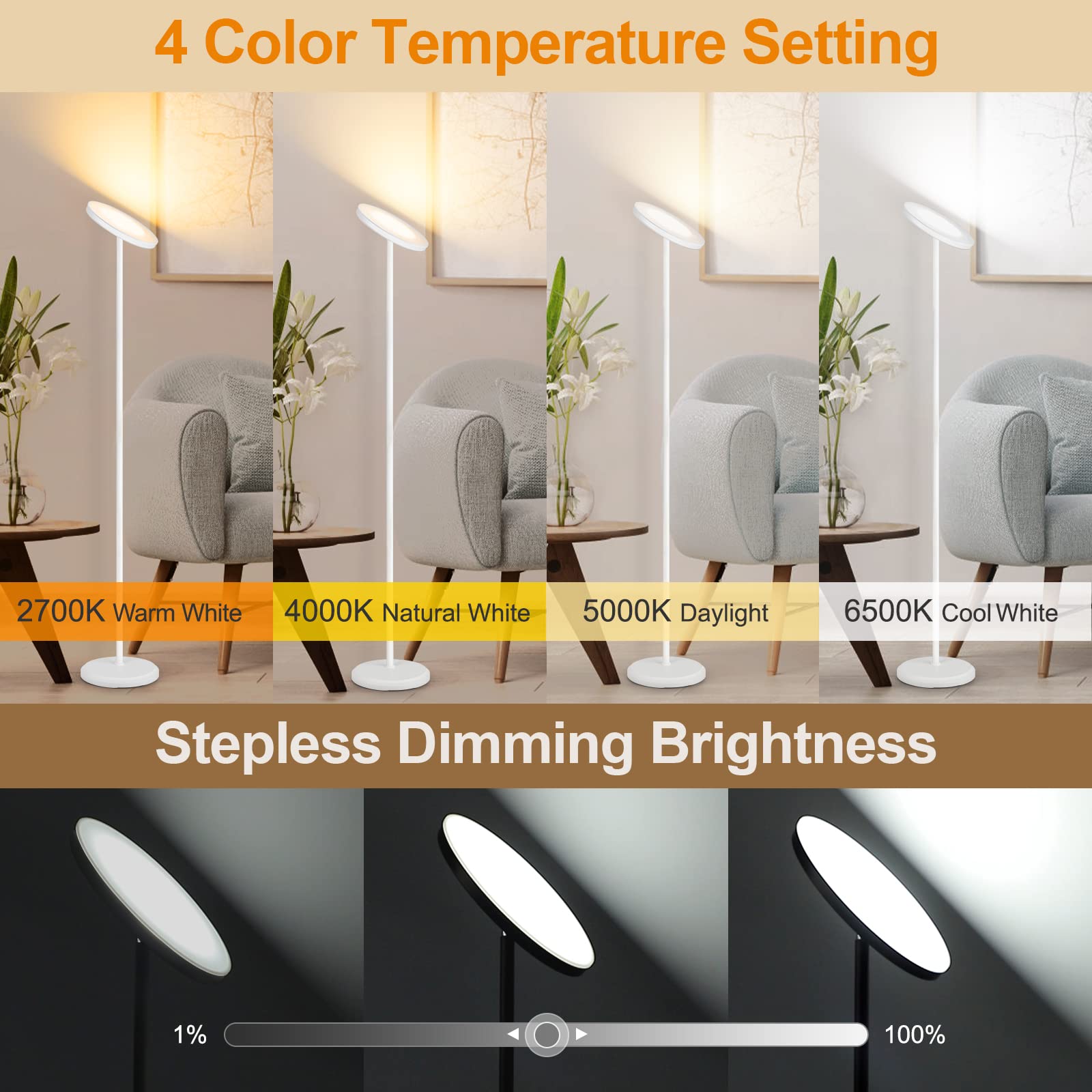 OUTON Smart LED Floor Lamp, 30W Dimmable, 180x24 cm, White, Model MF18228, Alexa & Google Home Compatible, Tall Standing Torchiere