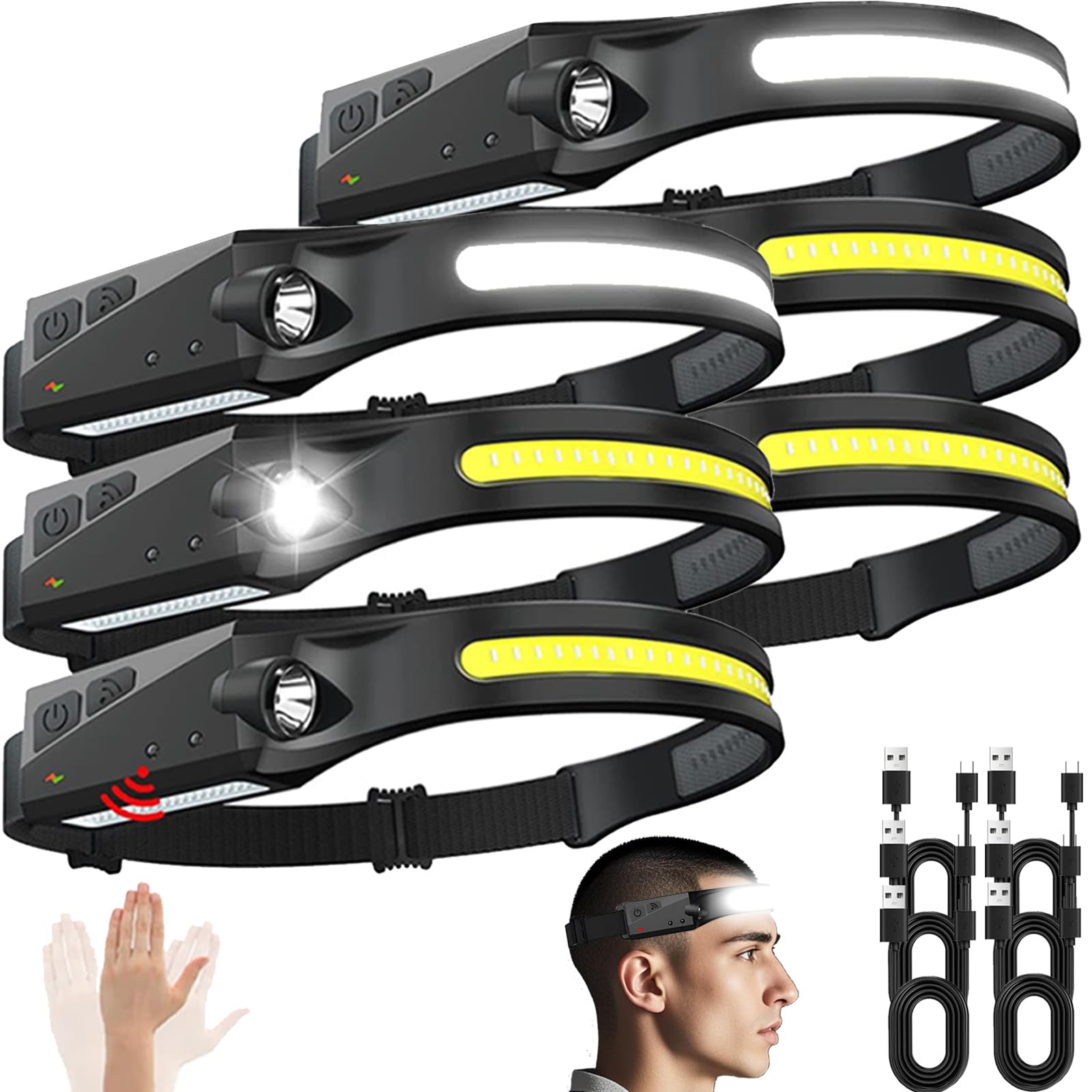 Rechargeable Headlamps With Motion Sensor 6Pcs, 230 Wide Beam Led Head Lamps Rechargeable Battery Powered, Bright Forehead Adjus
