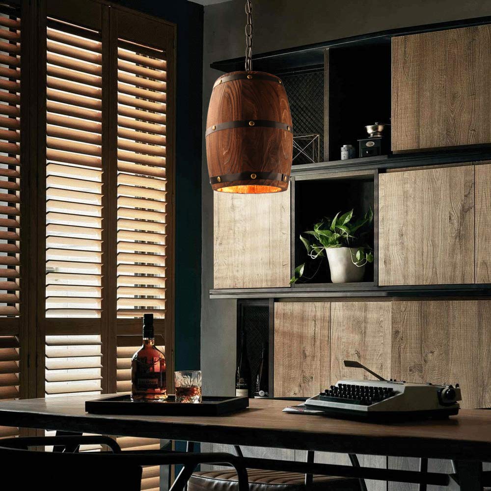 Newrays Antique Wood Wine Barrel Pendant Lamp, Rustic Ceiling Light Fixture, XS Size, Unique Design