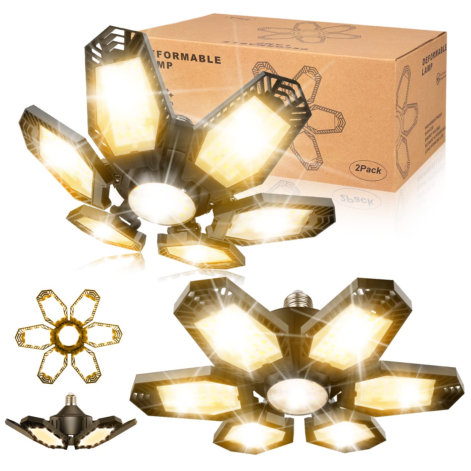 LED Garage Light 2 Pack 150W Equivalent Warm Garage Lights 15000LM Garage Ceiling Lights with 6+1 Super Bright Deformable 120 LE