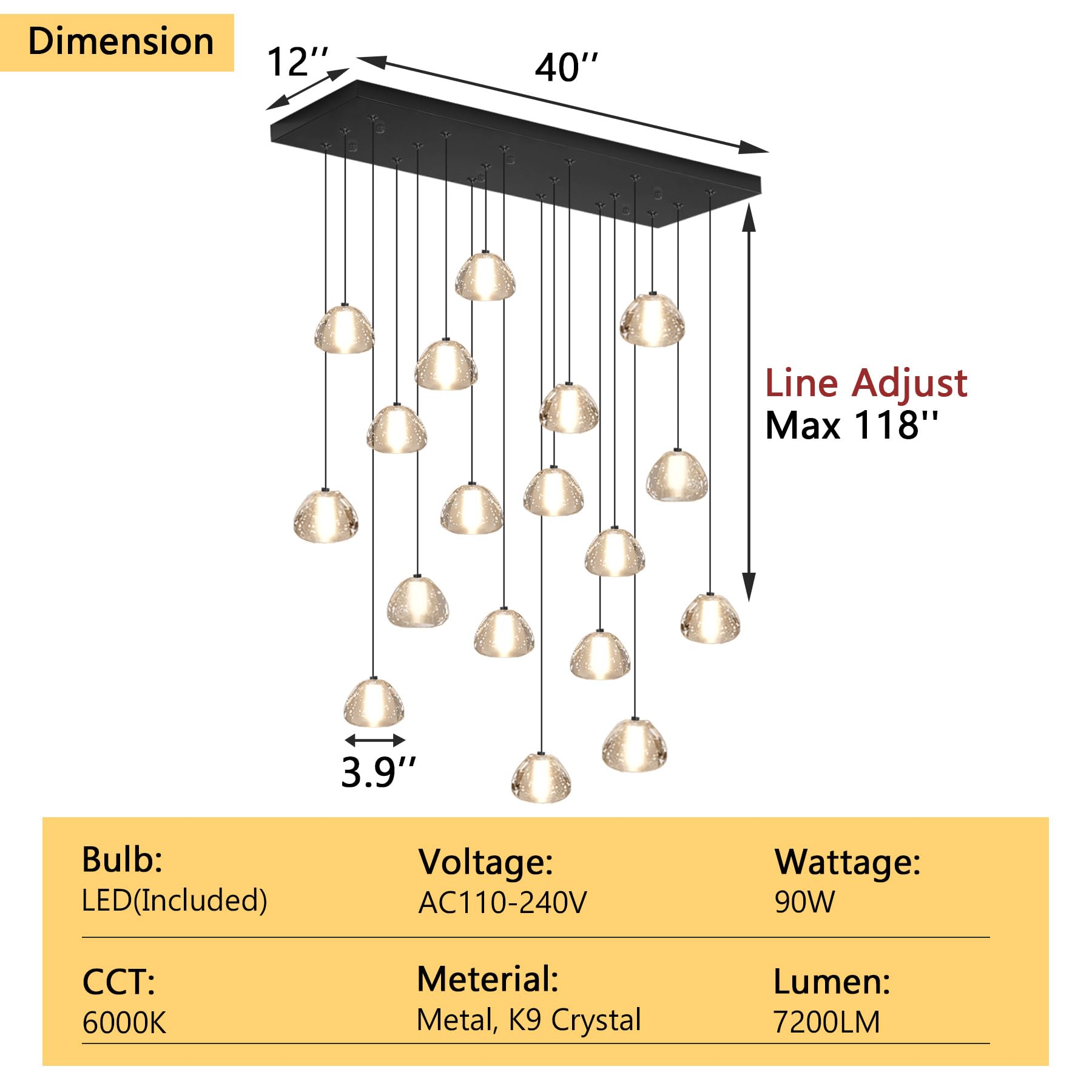 Dolria Crystal Rectangular Chandeliers For Living Room Dining Room Light Led Pendant Lights Fixtures Lighting Chandelier For Foyer Entrance Black