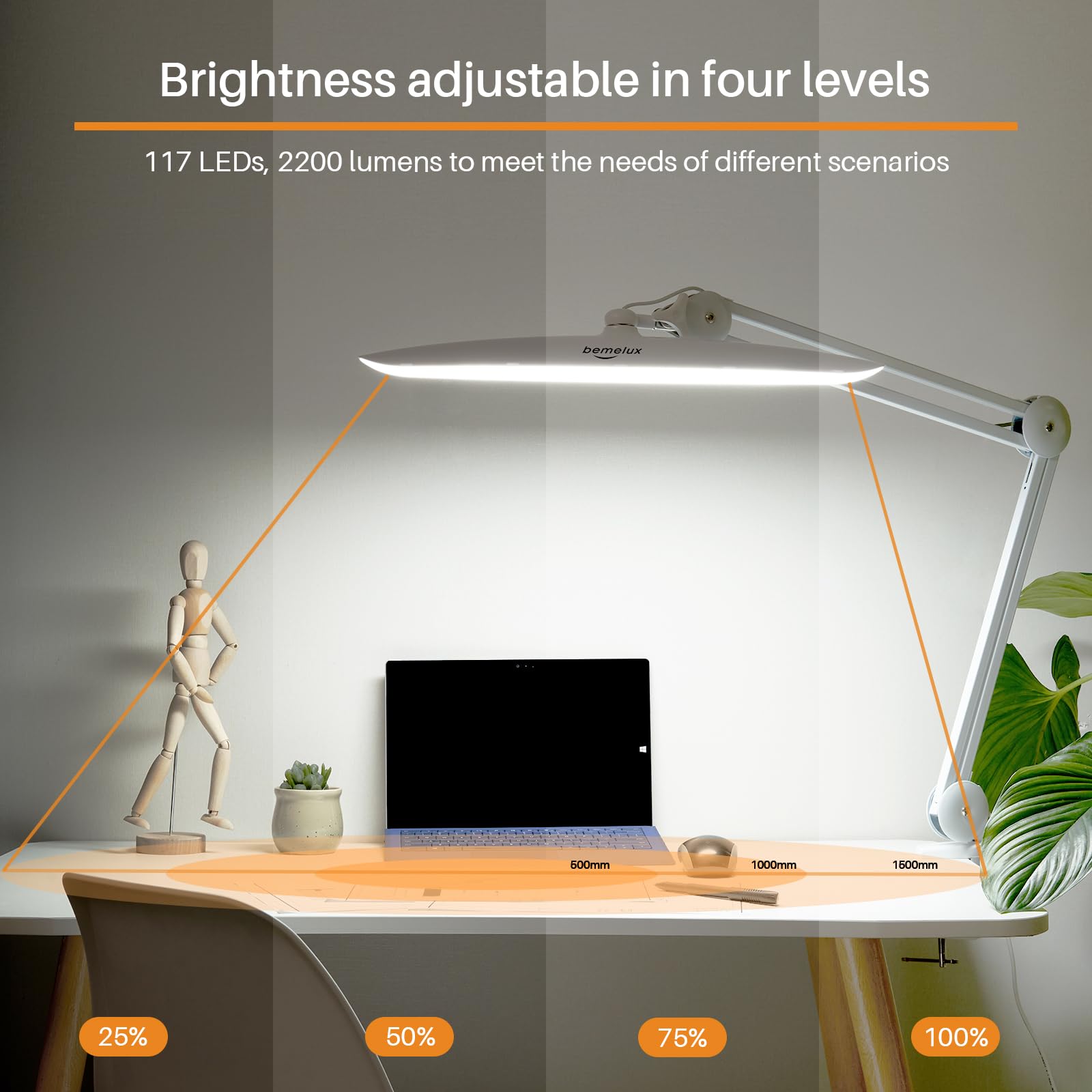 Bemelux Led Desk Lamp With Clamp, Dimming Task Lamp For Reading Desktop Office Workbench Table Architect Sewing Study Home Craft, Bright 117Pcs Leds, 2200 Lumens 20 Inch Metal Swivel Arm Work Lamp