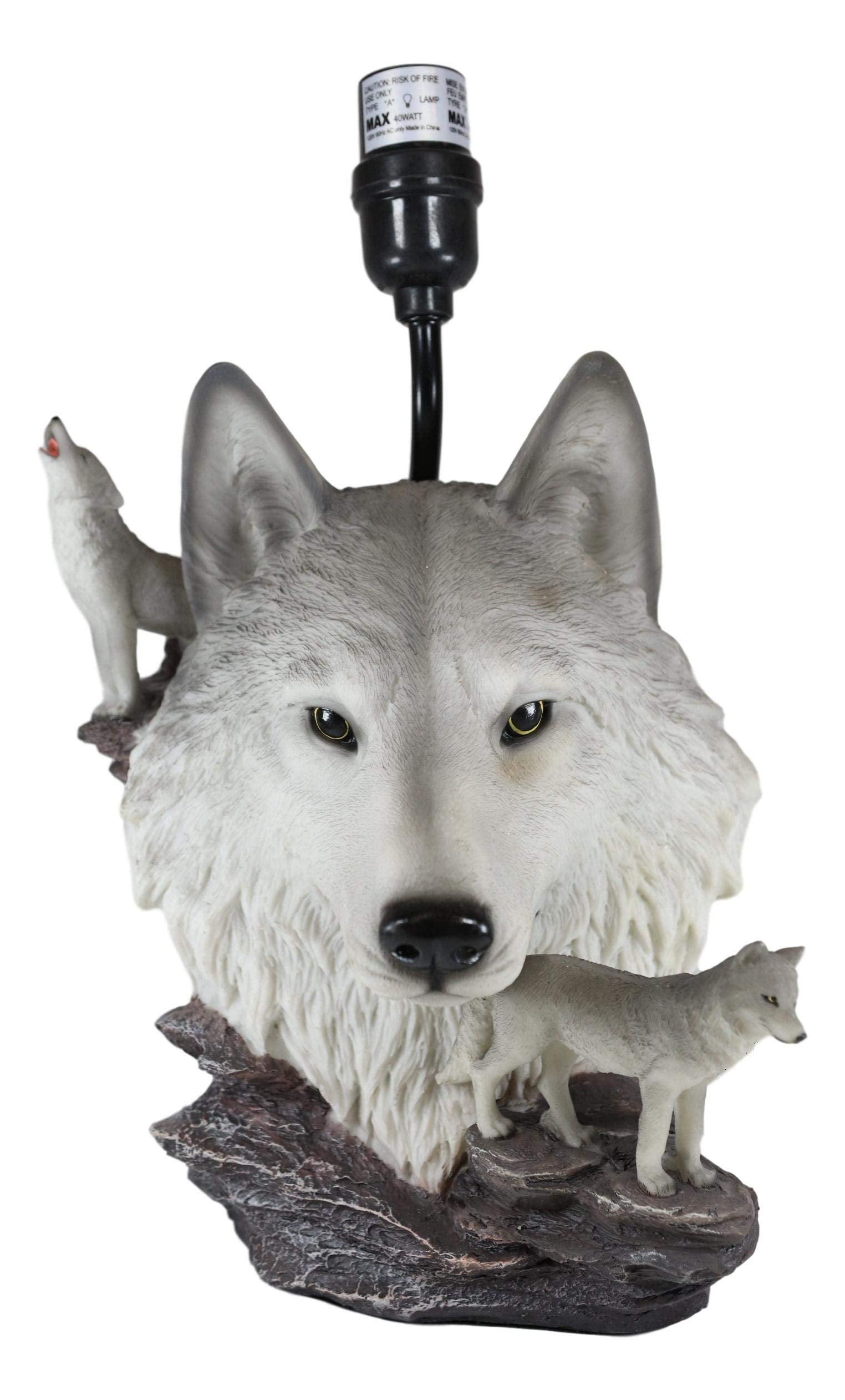 Ebros Gift Wildlife Rustic Full Moon Gray Wolf Akela Head Bust With Howling Wolves On Rocks Sculptural Desktop Side Table Lamp With Shade Home Furnishing 19"Tall Wolves Timber Wolf Family Decor Statue