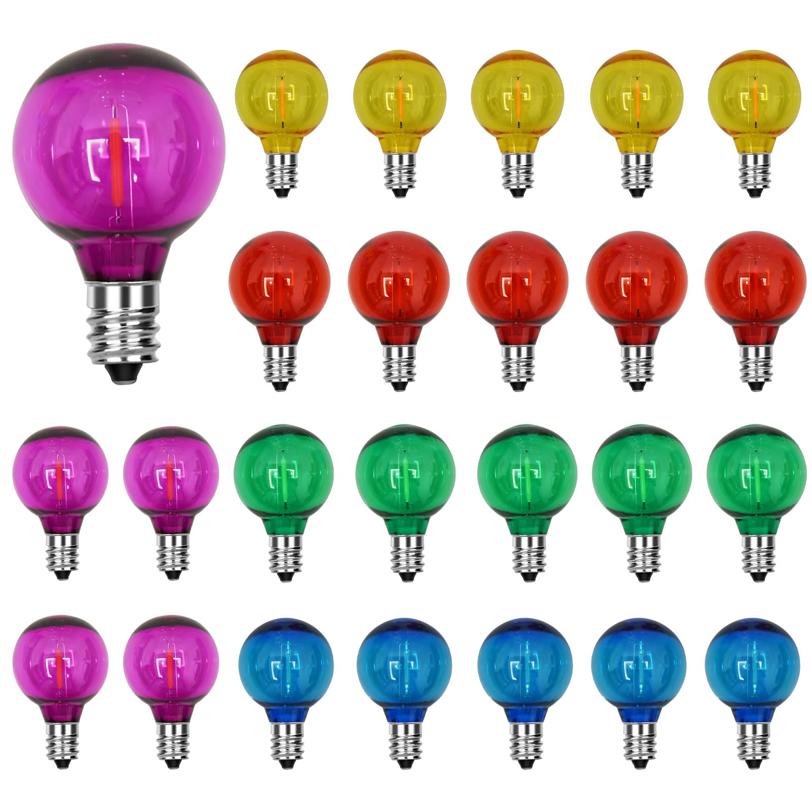 Oviejo 25 Pack G40 Colored Led Light Bulbs, Shatterproof Led 0.6 Watt Globe Replacement Bulbs, E12 Candelabra Base Christmas Rep