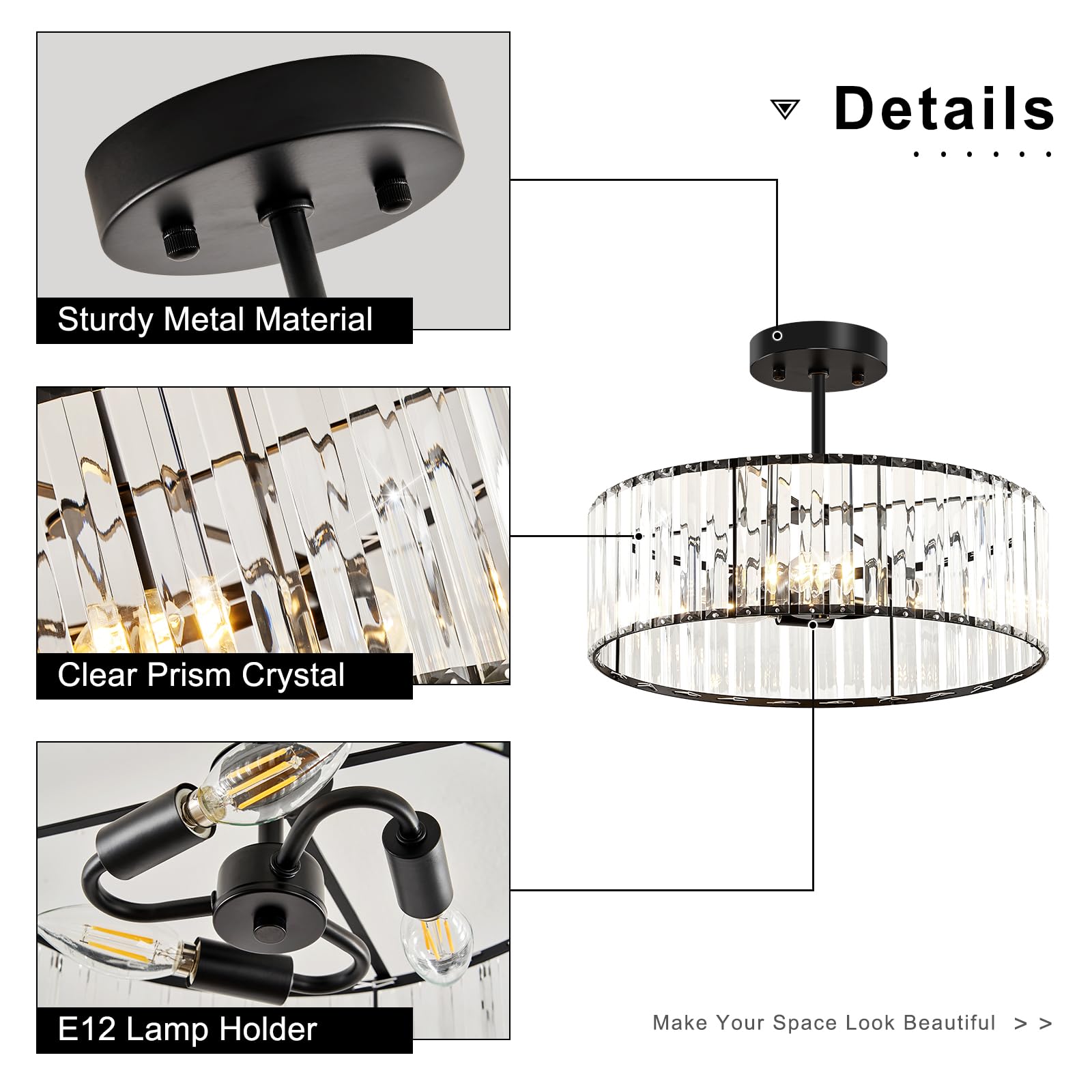 Violoemi Modern Black Semi Flush Mount Ceiling Light Crystal 3-Light Light Fixture 15.75 Inch Kitchen Ceiling Lighting For Living Room Bedroom Dining Room Bathroom Entryway(Bulb Not Included)