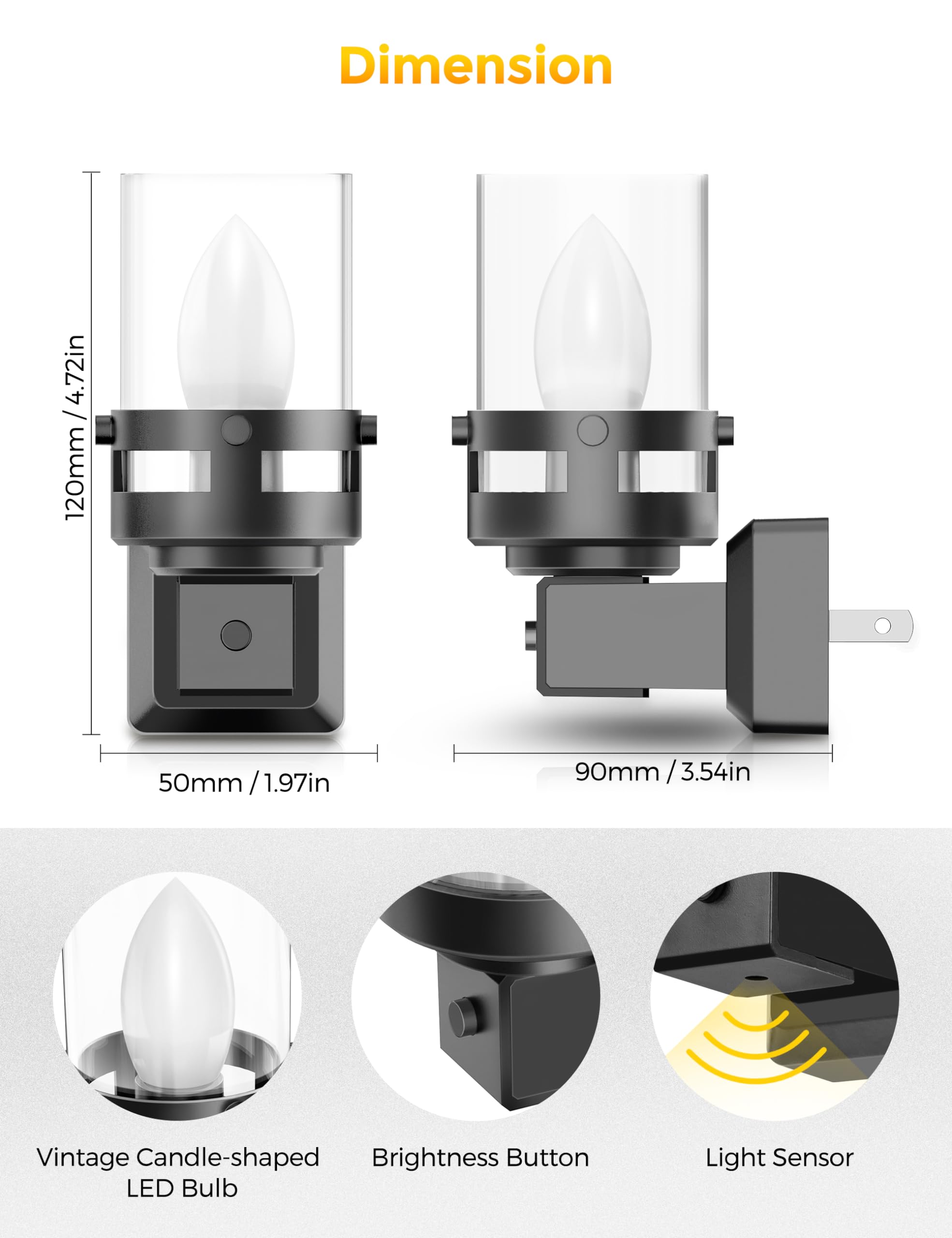 Briignite Candle Night Light Plug-in, LED with Dusk to Dawn Sensor, 3000K Warm White, 2 Pack, Cream, Model BRGY10302US-2