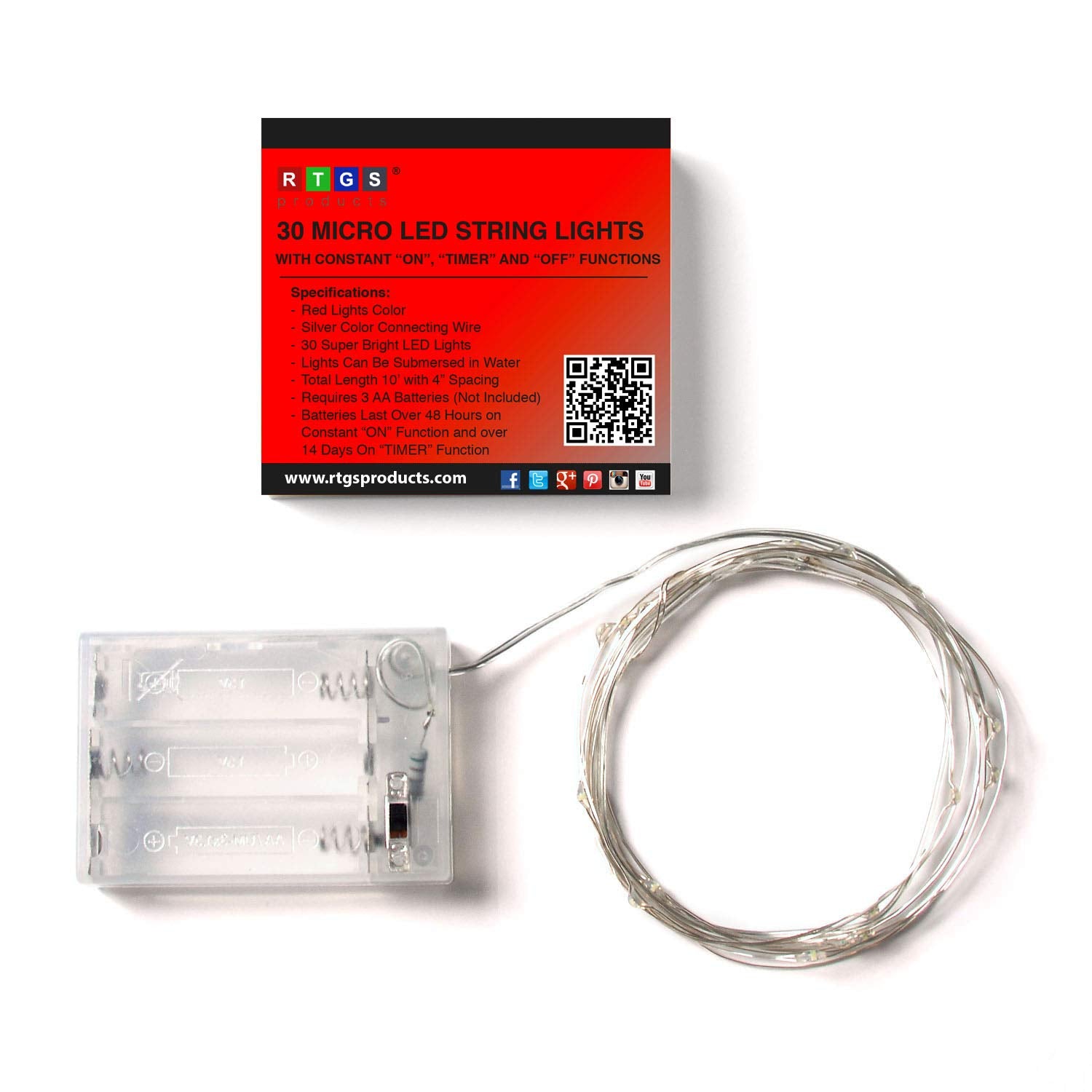 Rtgs 30 Leds Red Color String Lights Silver Wire Indoor And Outdoor 9.5 Feet Firefly Starry Fairy Lights Battery Powered For Diy, Christmas, Holidays, Party, Bedroom And Centerpieces