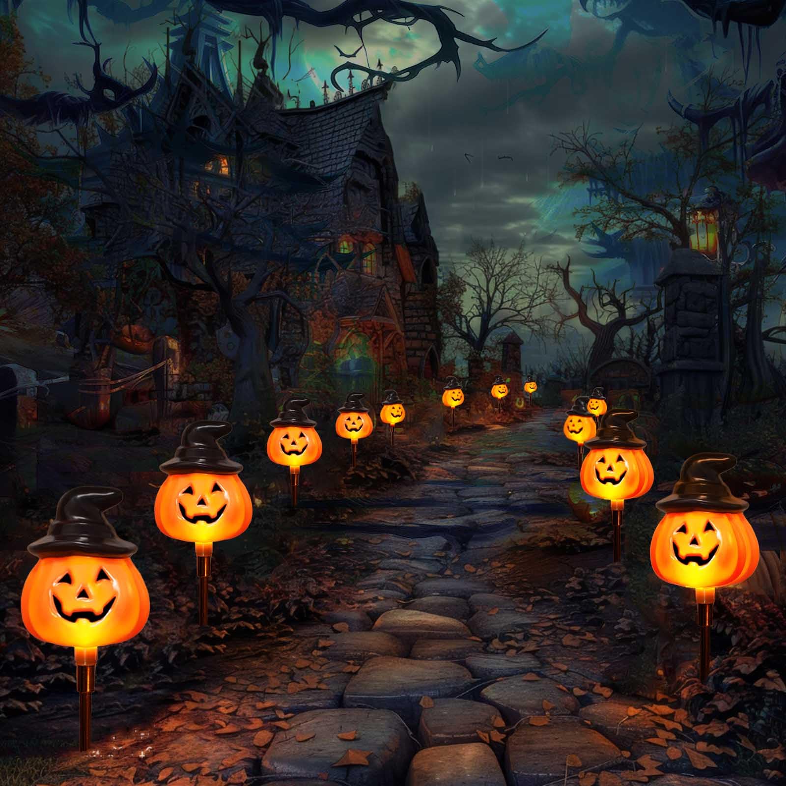 Awinking 6 Pack Solar Pumpkin Pathway Lights - Outdoor Halloween Decor, Orange Jack O Lanterns
