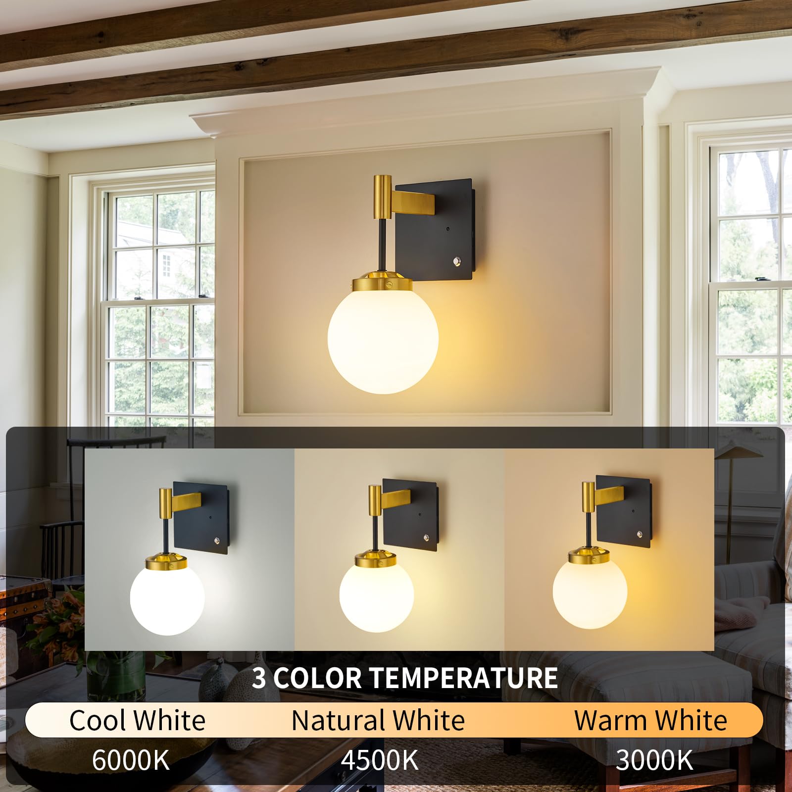 Rayogale Rechargeable Battery Wall Sconce 2 Pack - Wireless, Dimmable, 3 Color Temp, Black Gold with White Lampshade, Model WL-7102-BG-2