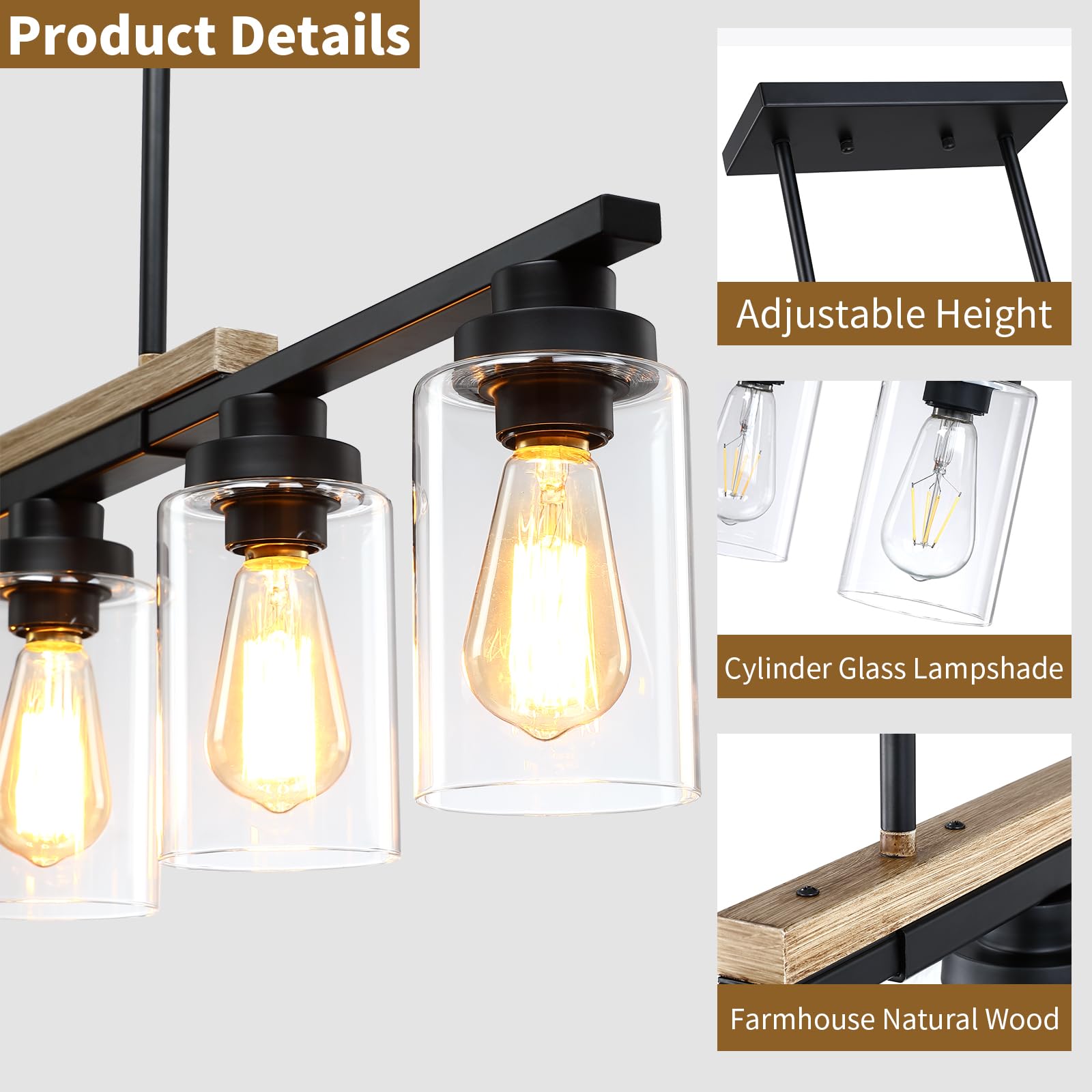 Yusist 5-Light Farmhouse Kitchen Island Chandelier, Black Wood Pendant Lighting for Dining Room, Model D6118-05-BK