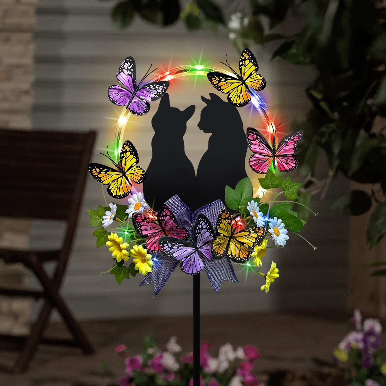 YY Gardenia Cat Solar Lights Outdoor Garden,Colorful LED Light with Black Cat Decorations and Butterfly Flowers Yard Stakes for 