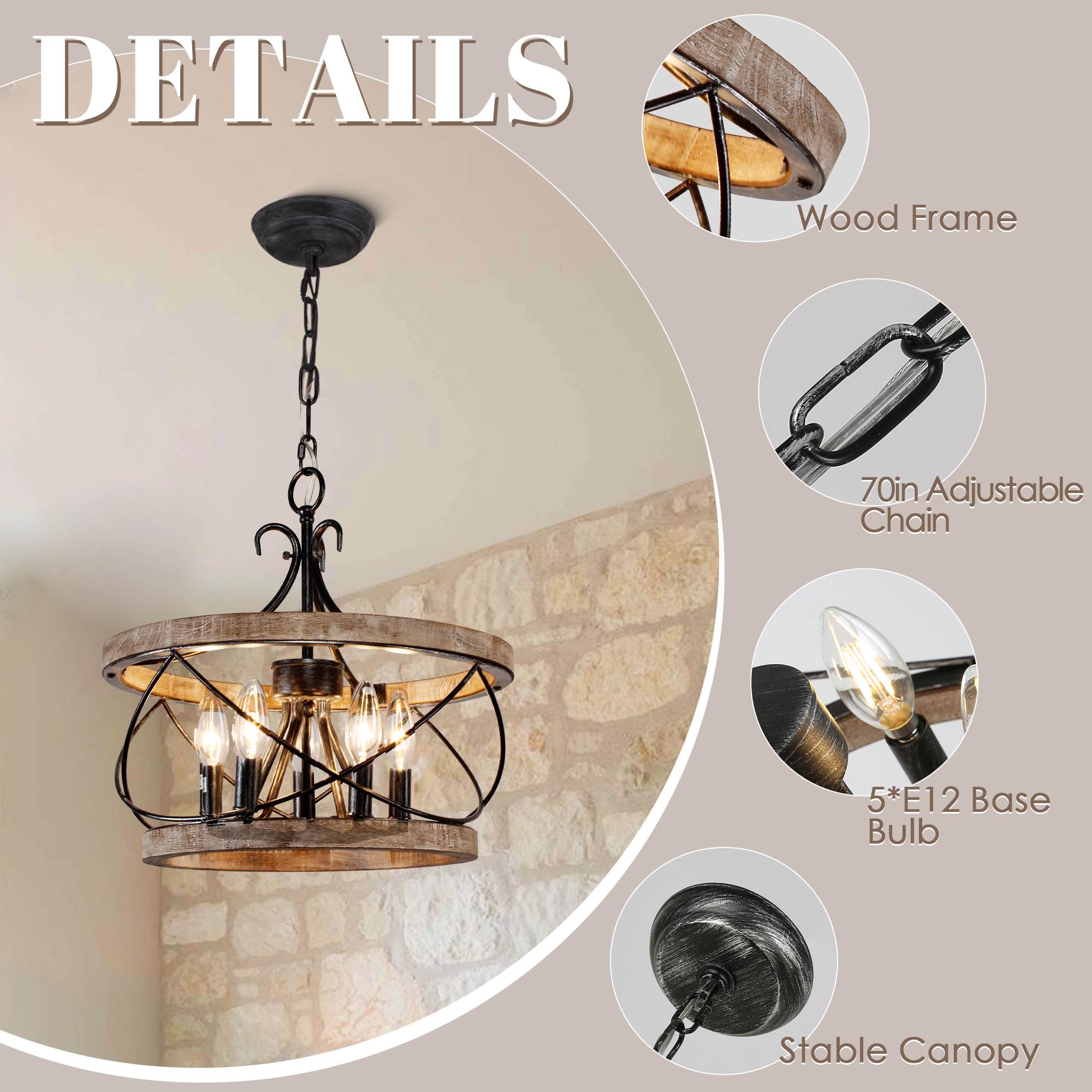 Dawn Whisper 5-Light Farmhouse Chandelier, 15.7" Rustic Drum Light Fixture in Gray, Ideal for Dining Room & Kitchen