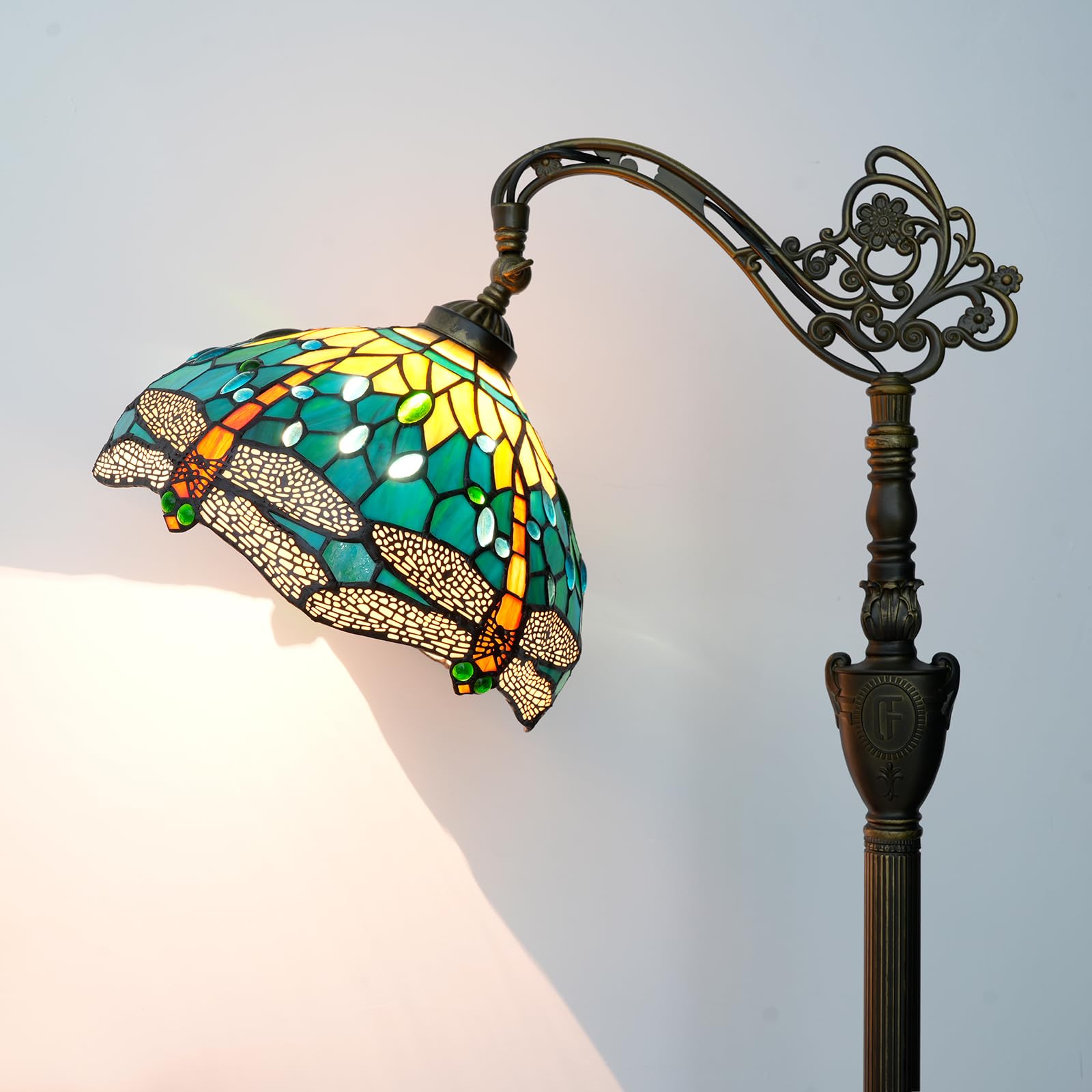 Blivuself Tiffany Floor Lamp Green Dragonfly Stained Glass Lamp Adjustable Gooseneck Standing Reading Light 63 Inches Tall Stand