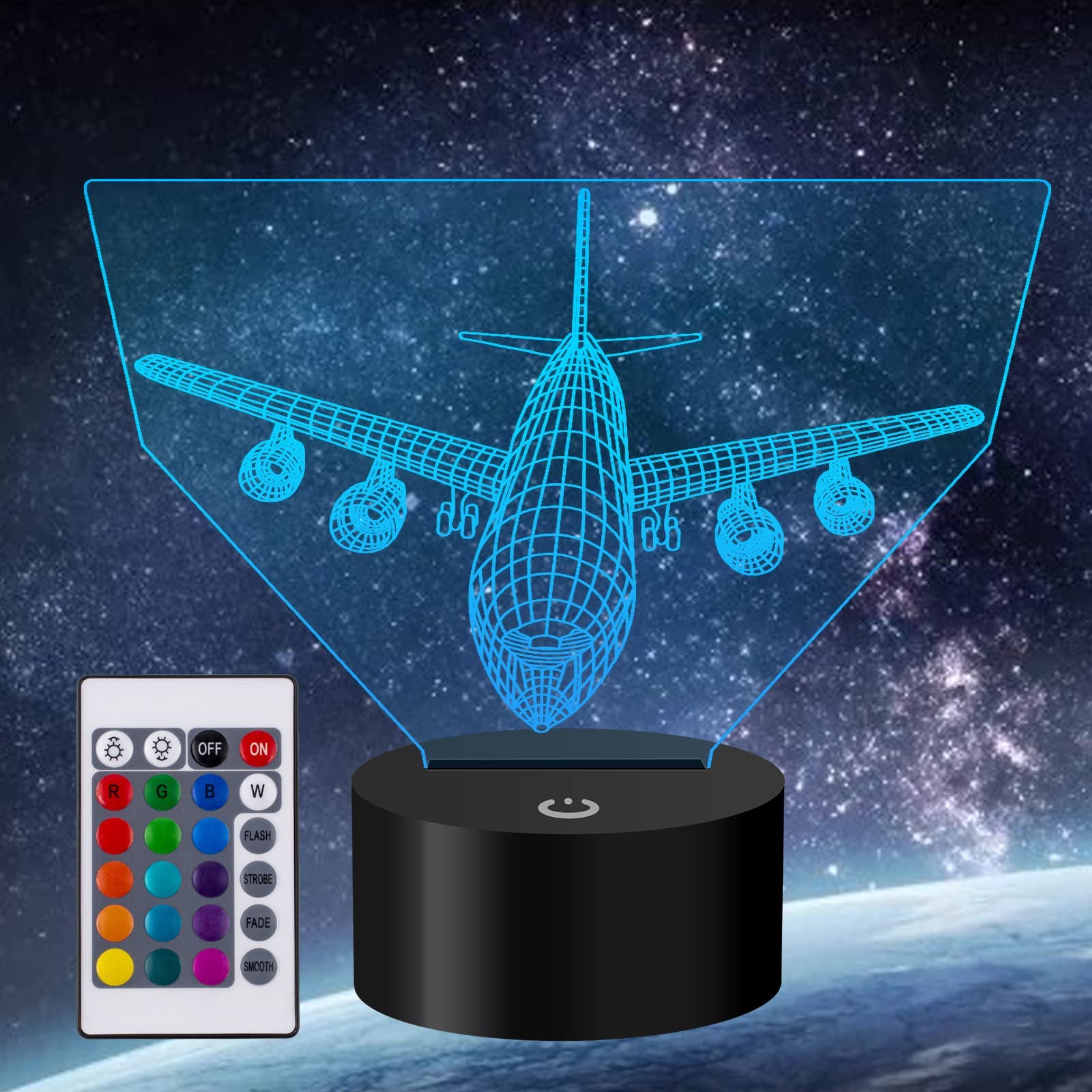 YKLWORLD Airplane Night Light - 3D Illusion Lamp, 16 Color Changing, USB/Battery Powered, Touch Control, Remote - Perfect Gift for Kids