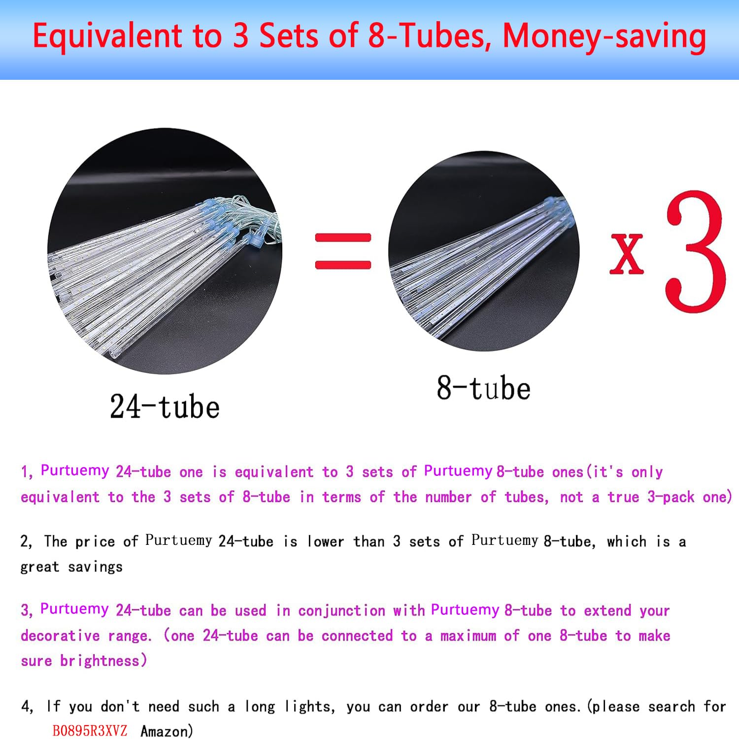 Purtuemy Outdoor Christmas Lights: 24Tubes(Equivalent To 3 Sets Of 8-Tubes) Meteor Shower Lights Icicle White Christmas Lights O