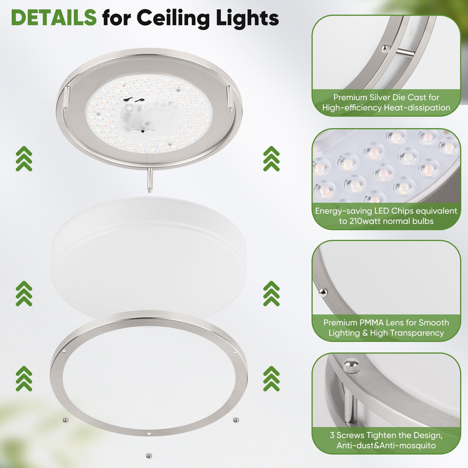 TOBUSA 10 Inch LED Flush Mount Ceiling Light, Dimmable, 5 Color Options, Brushed Nickle, Model 62425008-03