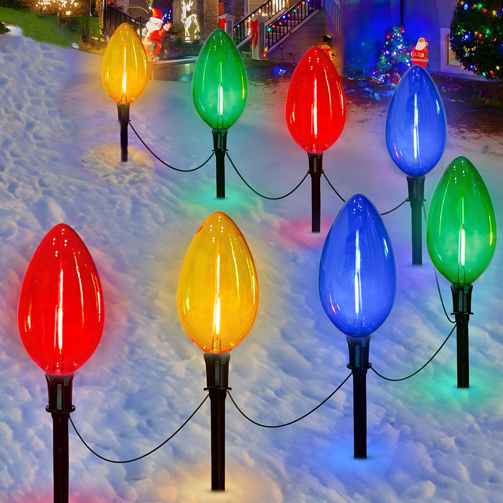 Egcol Jumbo C9 Christmas Pathway Lights Outdoor - 2 Pack Total 14 FT 8 LED C9 Giant Clear Multicolor Christmas Walkway Lights fo