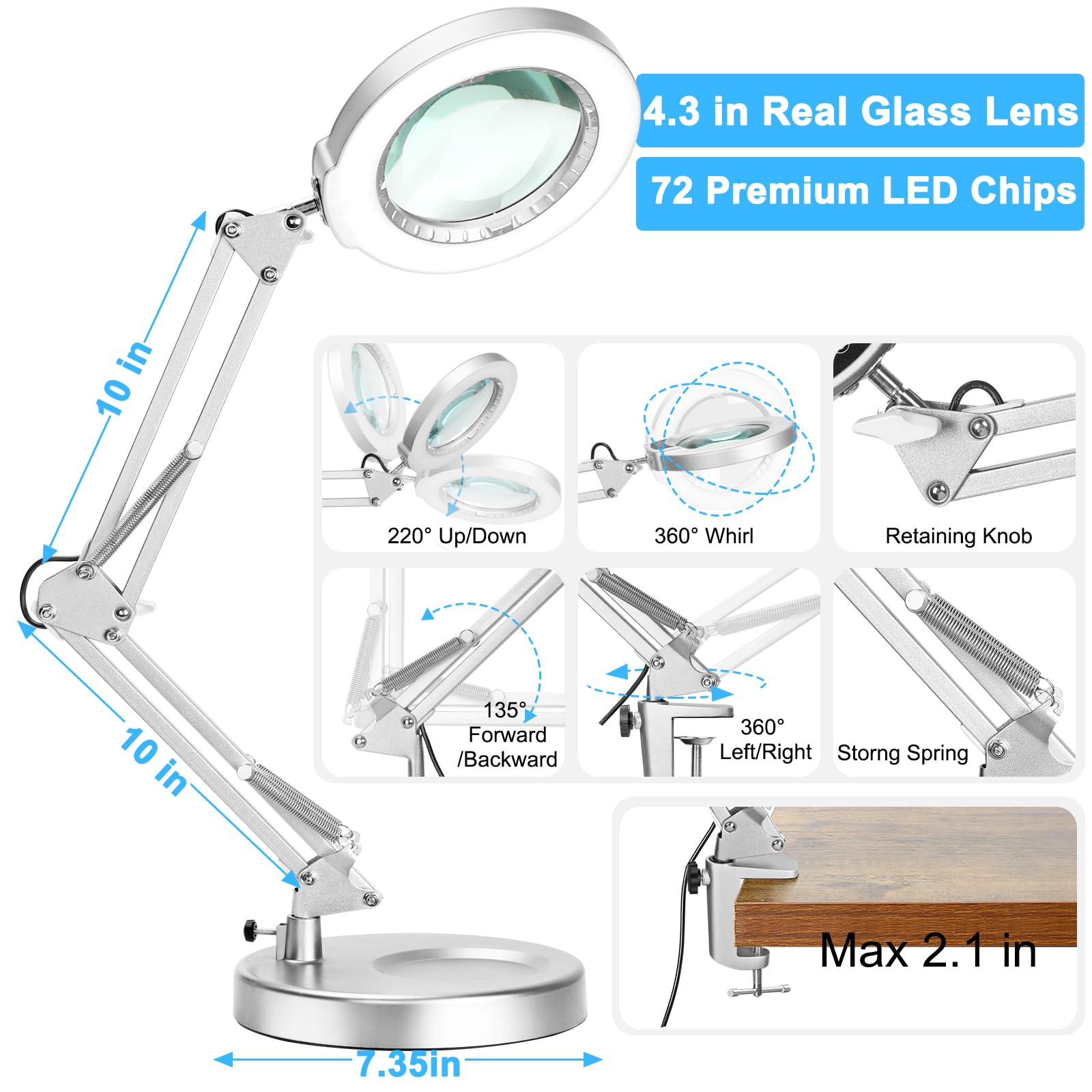 Coyeth 10X Magnifying Glass with Light, Stepless Dimmable, LED Desk Lamp, Silver, 2-in-1 with Clamp for Crafts and Reading