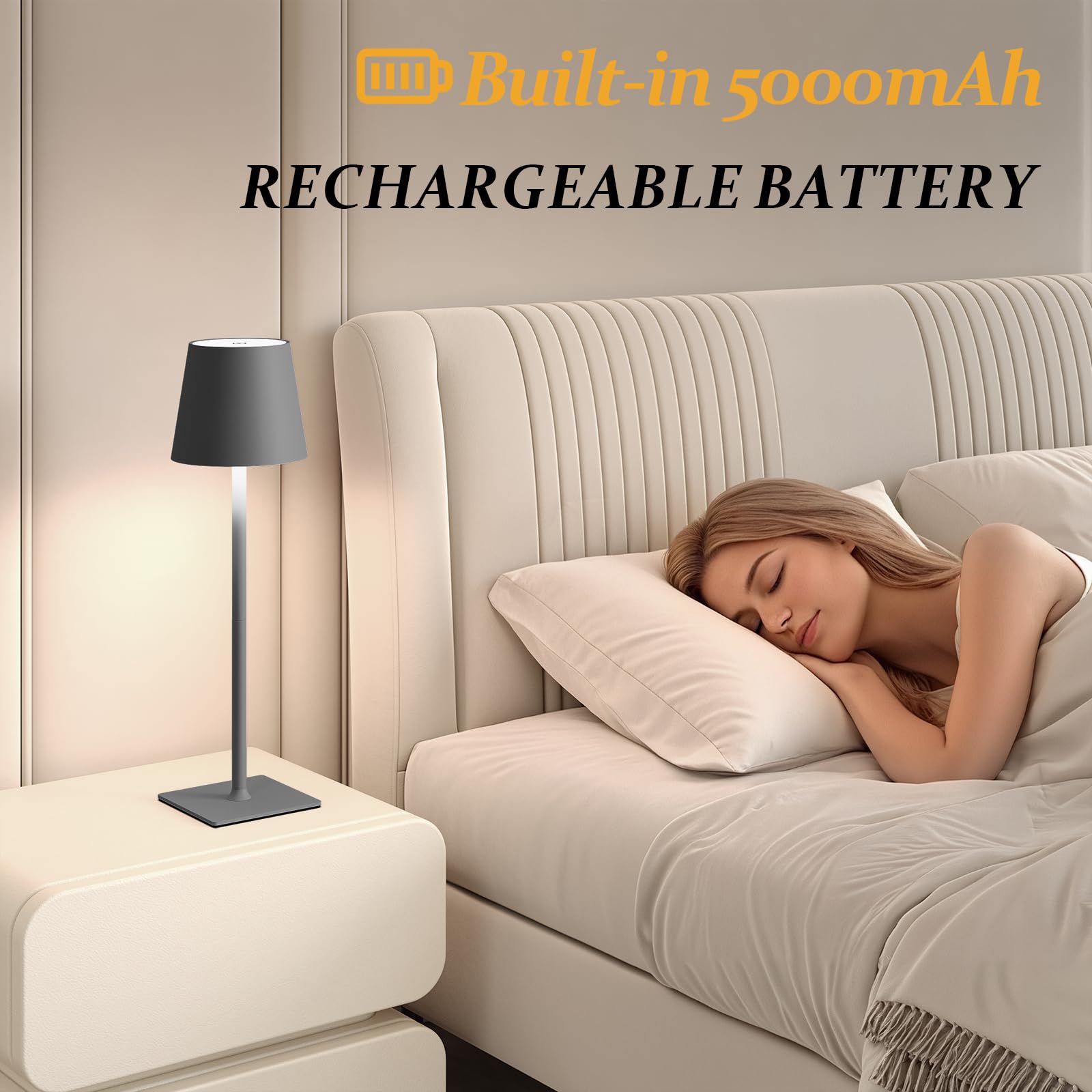 CHLORANTHUS 2 Pack Cordless Table Lamps, Stepless Dimming, 5000mAh Battery, Grey, Model: table-lamp -15, Ideal for Bedroom & Dining