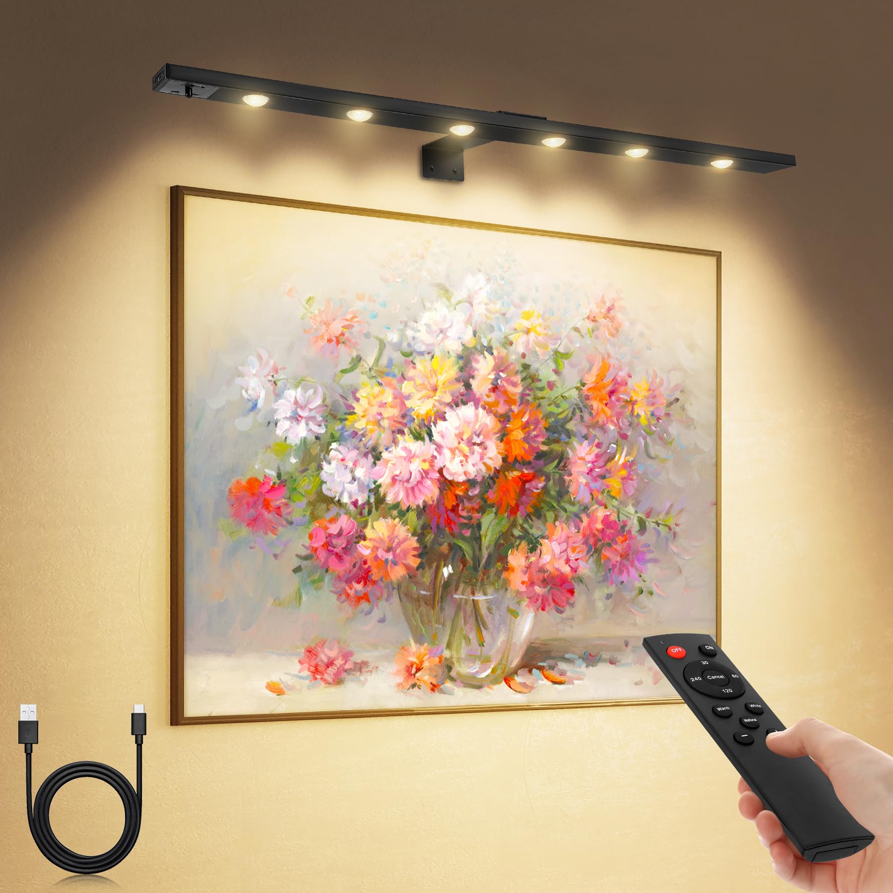 22''Led Picture Light for Wall Art with Remote, 6000mAh Rechargeable Battery Painting Light for Picture Full Metal, Ultra Thin P