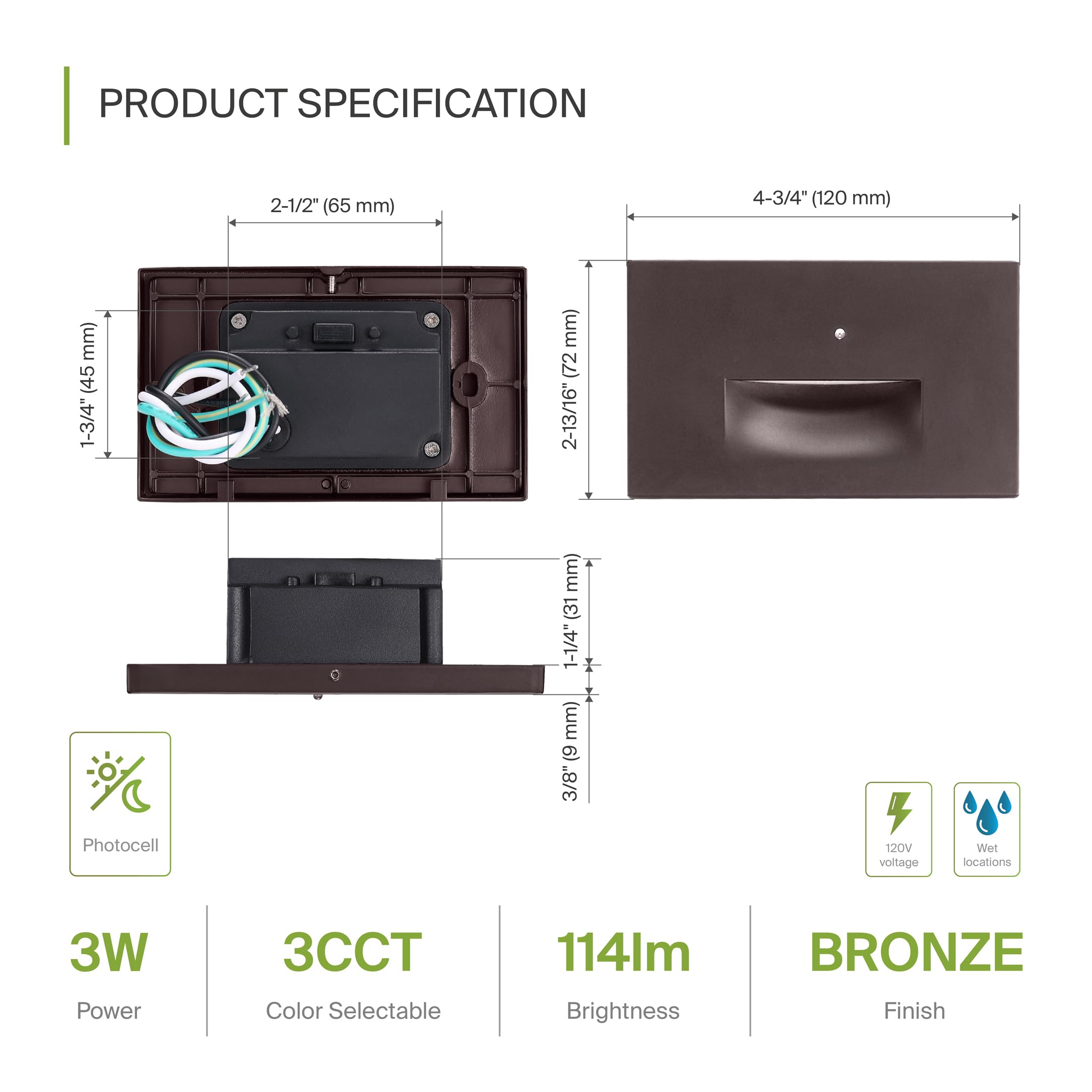 ASD LED Recessed Step Light Fixture 3W 120LM 3000K-5000K Photocell Waterproof Dark Bronze 4.75 Inch Model A-LSTL-HN