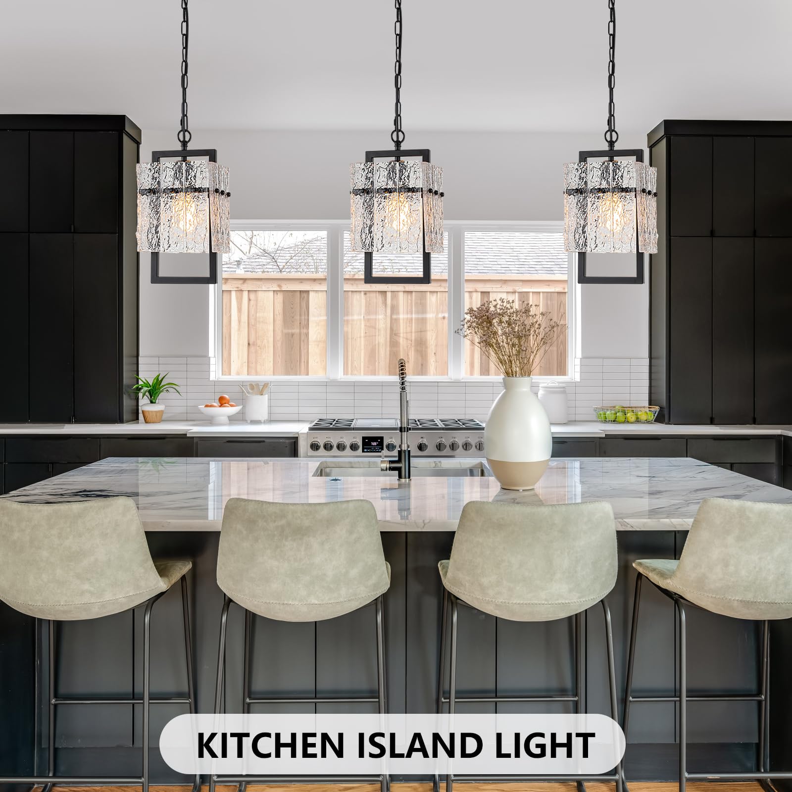 Modern Black Pendant Lights Kitchen Island, Crystal Kitchen Island Lighting With Water Ripple Glass Pendant Light Fixtures Elega