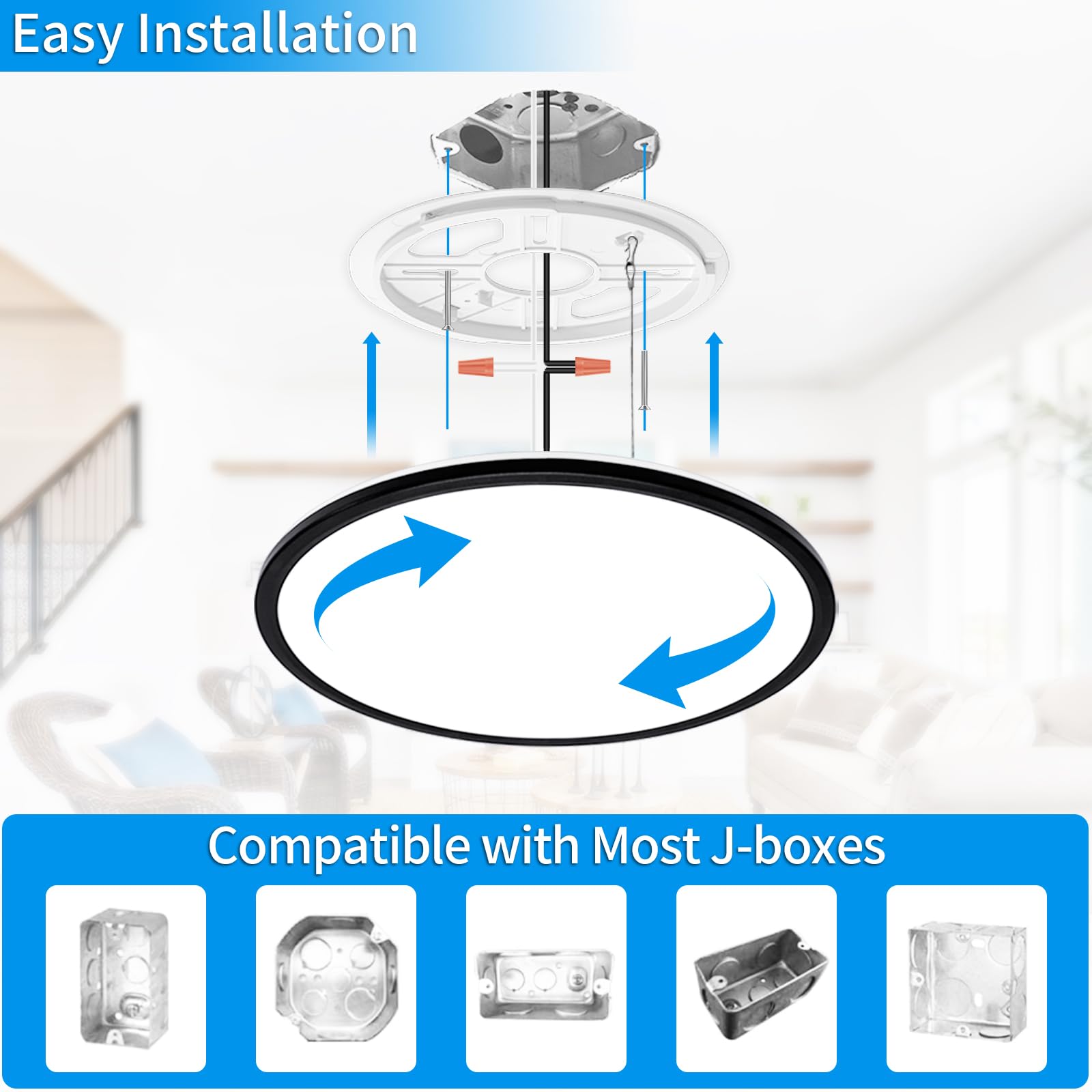 Hovenla 9 Inch Led Flush Mount Ceiling Light, 18W, 3000K/4000K/6500K Selectable, Dimmable Black Closet Light Fixture, 1800Lm Sup