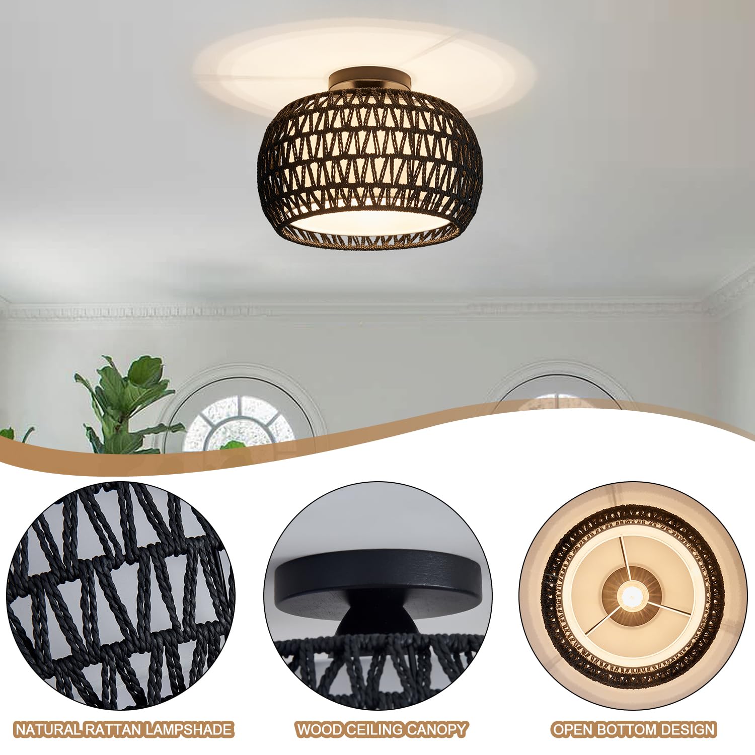 BUXVRCS Rattan Ceiling Light Fixture, Handmade Flush Mount with Fabric Shade, Medium Size, Black, Model MA-003B