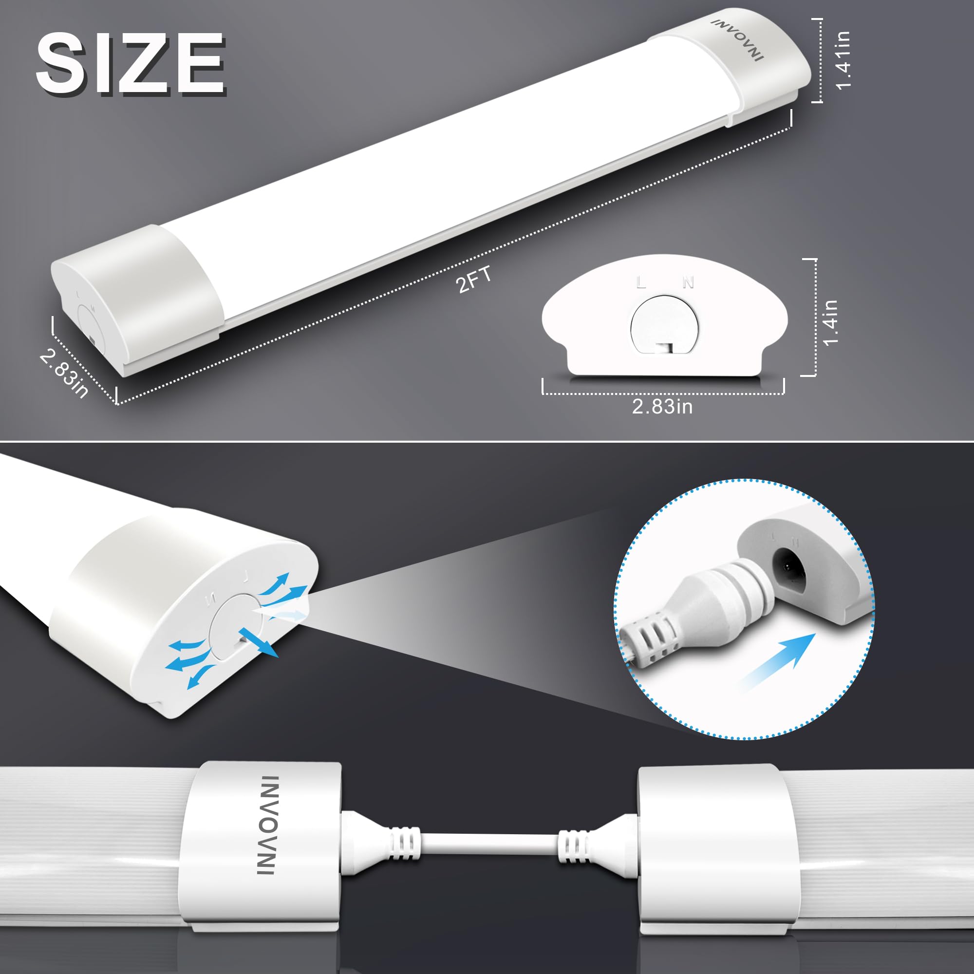Invovni Plug In Light Bar With Switch, 2Ft 18W 5000K 2000Lm Under Cabinet Lighting, Led Ggarage Lights For Ceiling Wall Kitchen Bathroom Shelf Workbench, Linkable Tube Light, 2Pcs