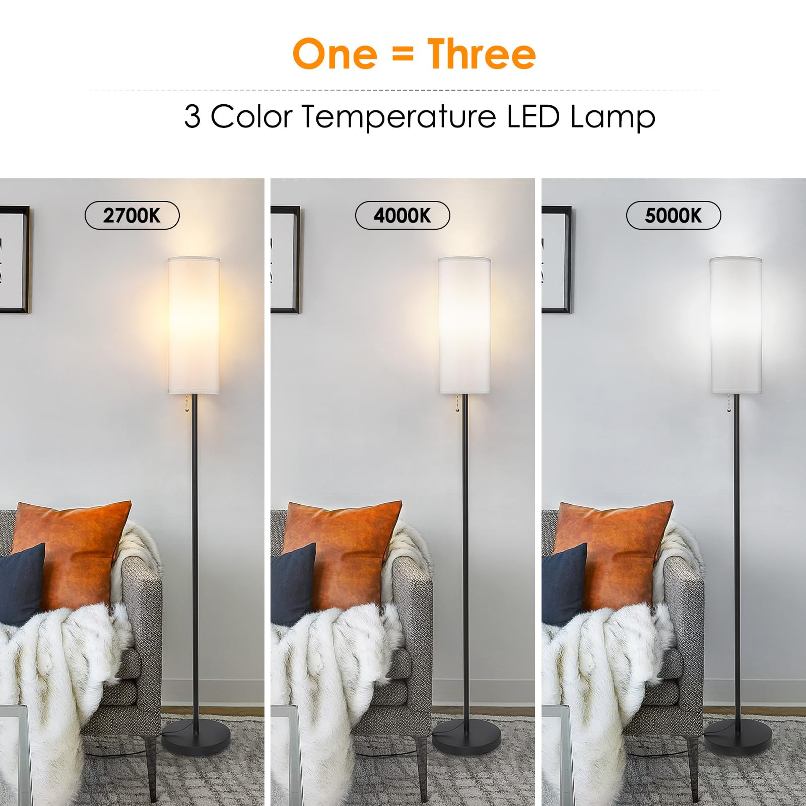 Coucrek Floor Lamp, Modern Standing Lamp, 3 Color Temperatures, Metal, White, Model F036-W