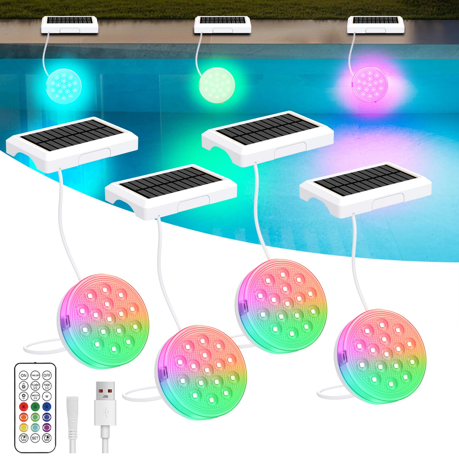 VeoeV 2-in-1 Solar Rechargeable Pool Lights, IP68 Waterproof, 16 Colors RGB, Remote Control, 4 Pack, Acrylonitrile Butadiene Styrene